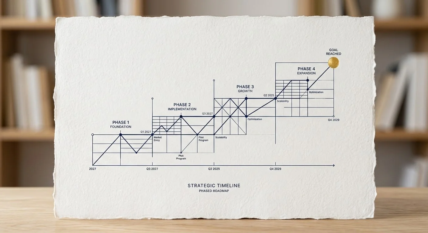 A strategic timeline chart displaying four phases of a project from 2027 to 2029, including milestones like foundation, implementation, growth, expansion, goal reached, and various optimization points.