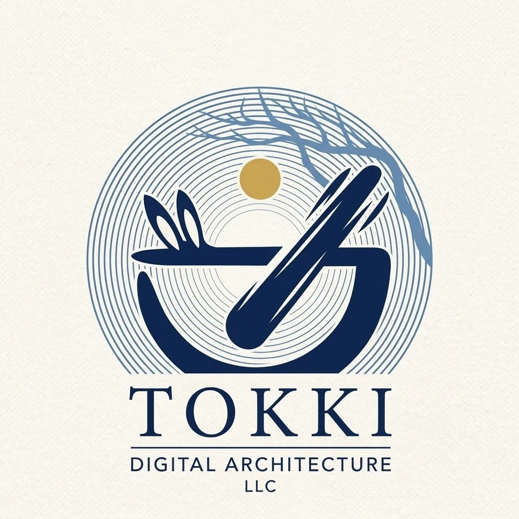 Logo for TOKKI Digital Architecture LLC featuring a stylized bowl with chopsticks, a leaf, and a small circle representing the sun or moon, with a circular background and surrounding leaf branches.
