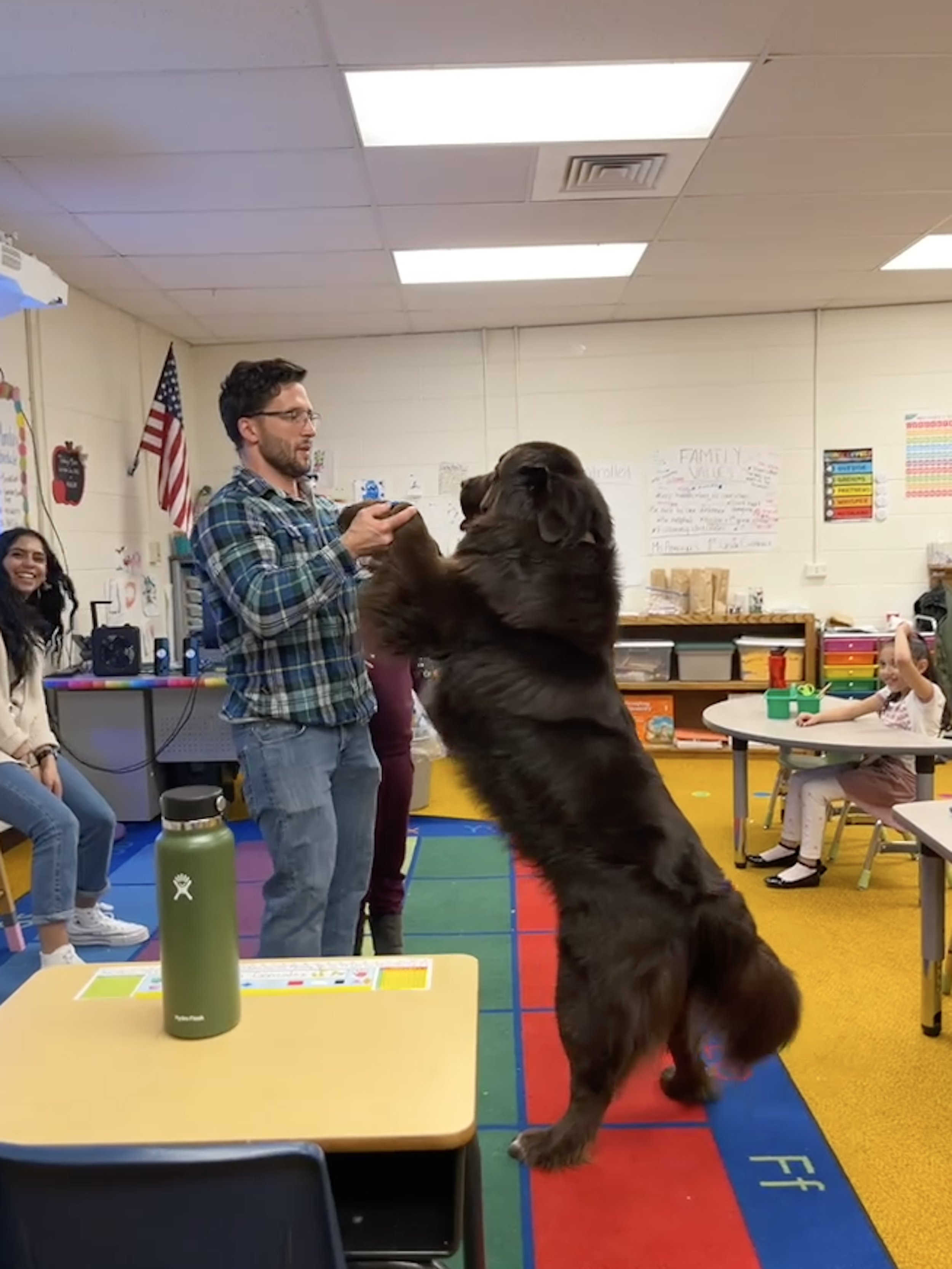 A classroom with children sitting at tables and a man standing in the center holding a large, dark brown dog on its hind legs. The dog appears to be participating in an activity with the children. The classroom has colorful flooring, educational post