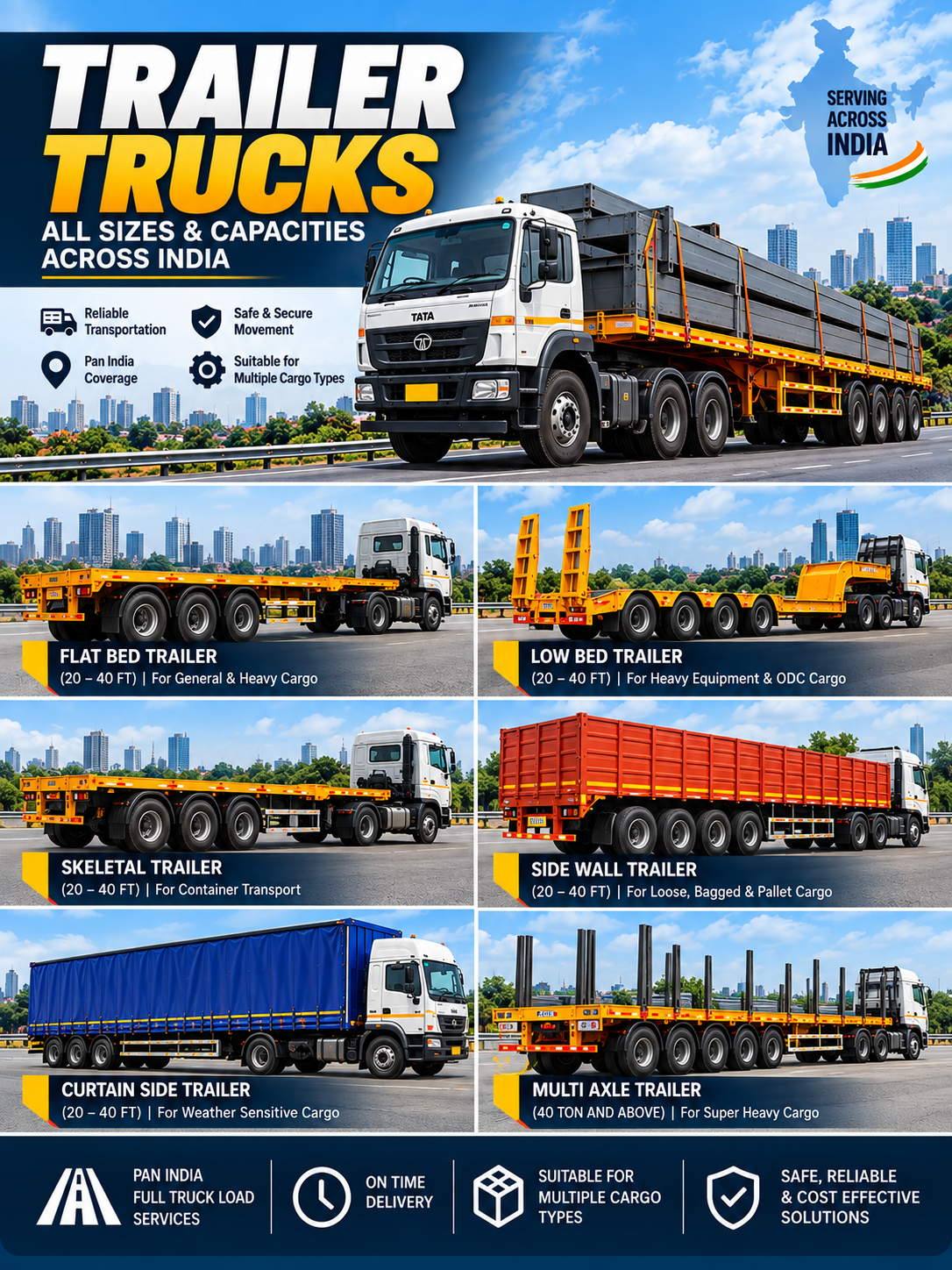 A brochure displaying various types of trailers for trucks, including flat bed, low bed, skeletal, side wall, curtain side, and multi axle trailers, suitable for different cargo types across India, with a background of city skyline and blue sky.