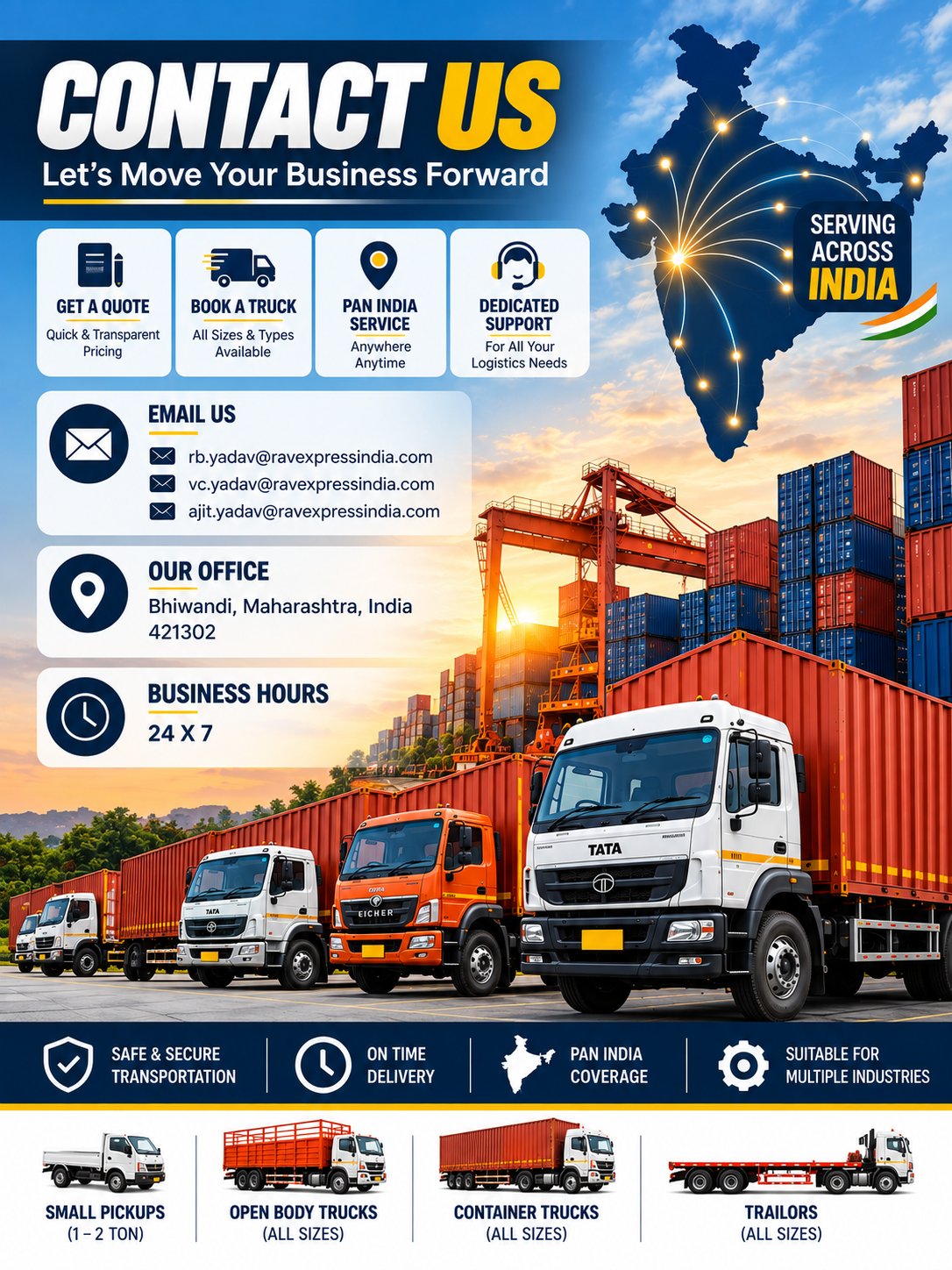 Business contact infographic with trucks, logistics information, and map of India.