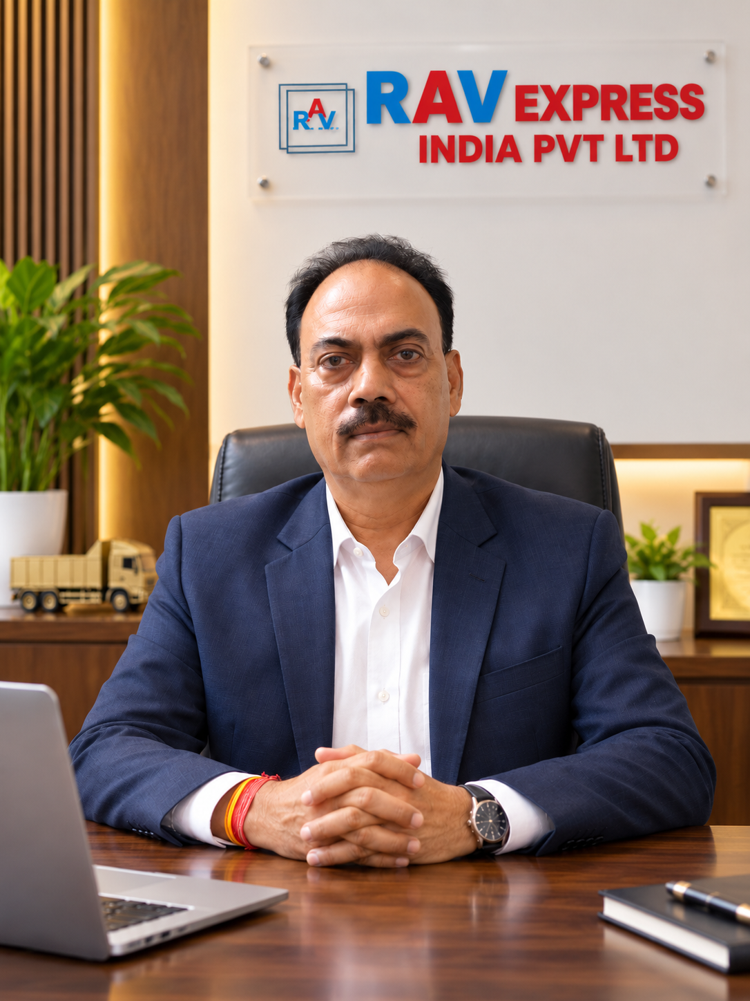 A man in a blue suit sitting at a desk in an office. Behind him is a sign for RAV Express India Pvt Ltd.