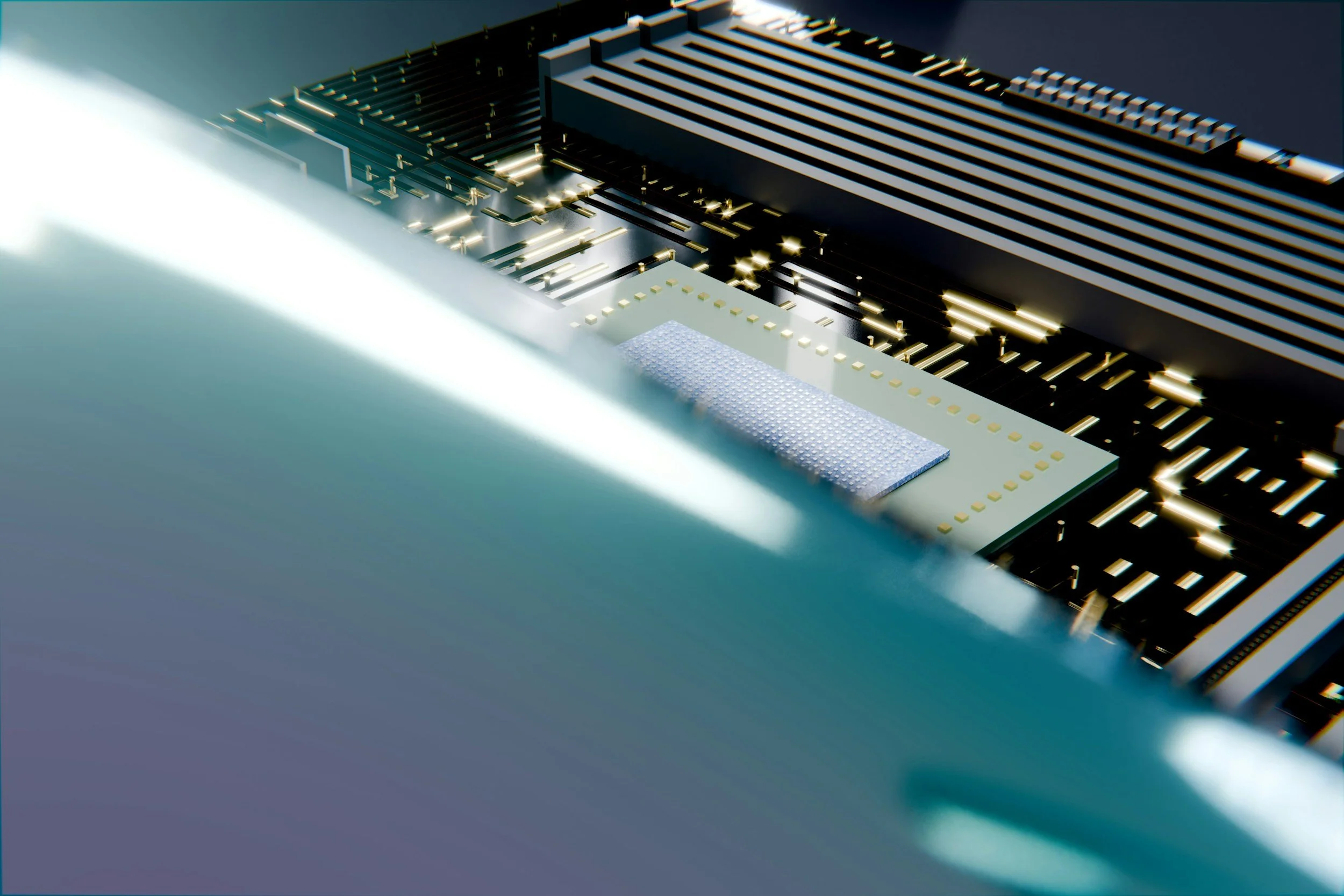 Close-up of a processor chip on a circuit board with teal light