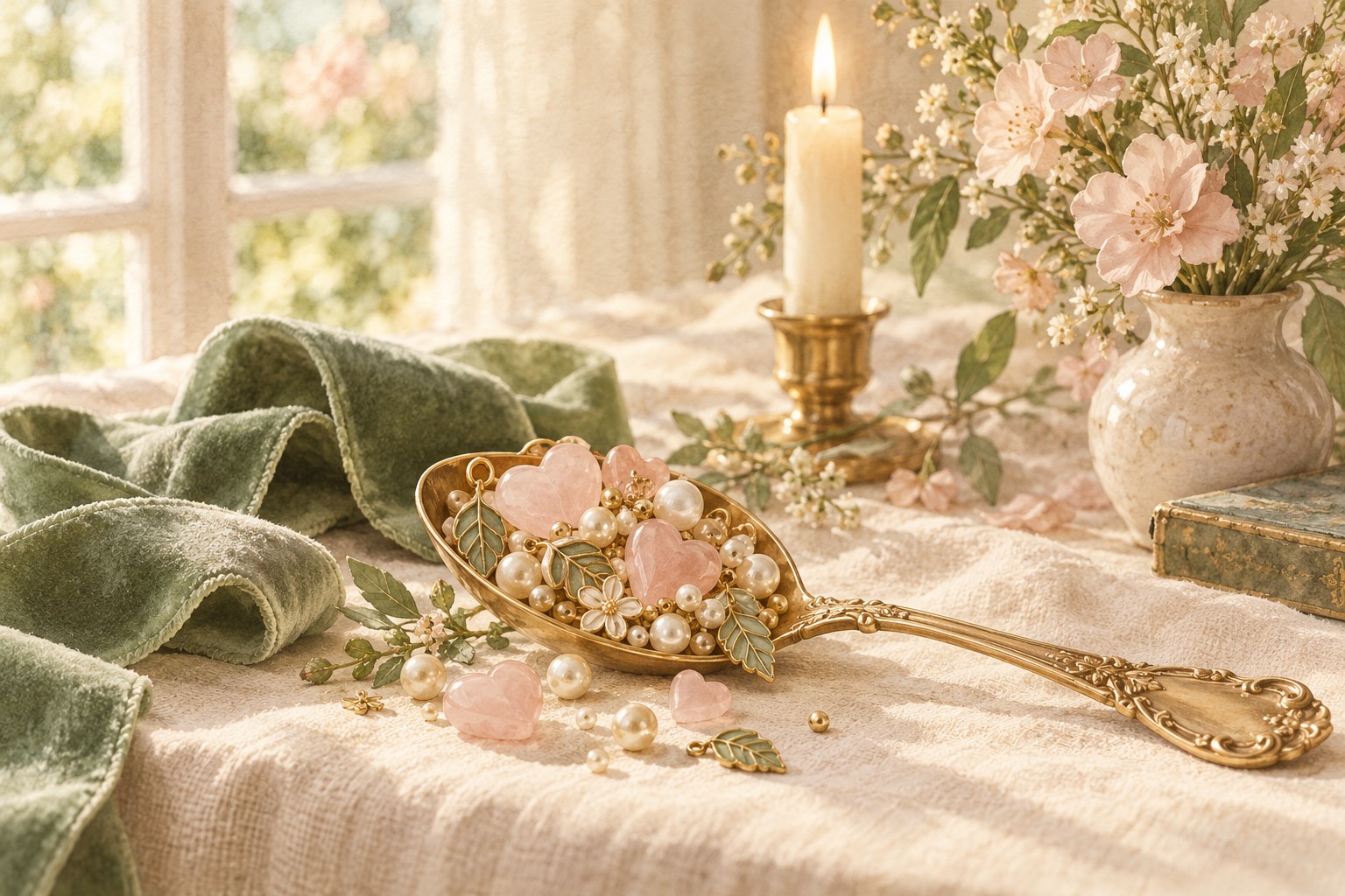 Cozy illustration of a gold spoon, sage ribbon, candle, and blush flowers