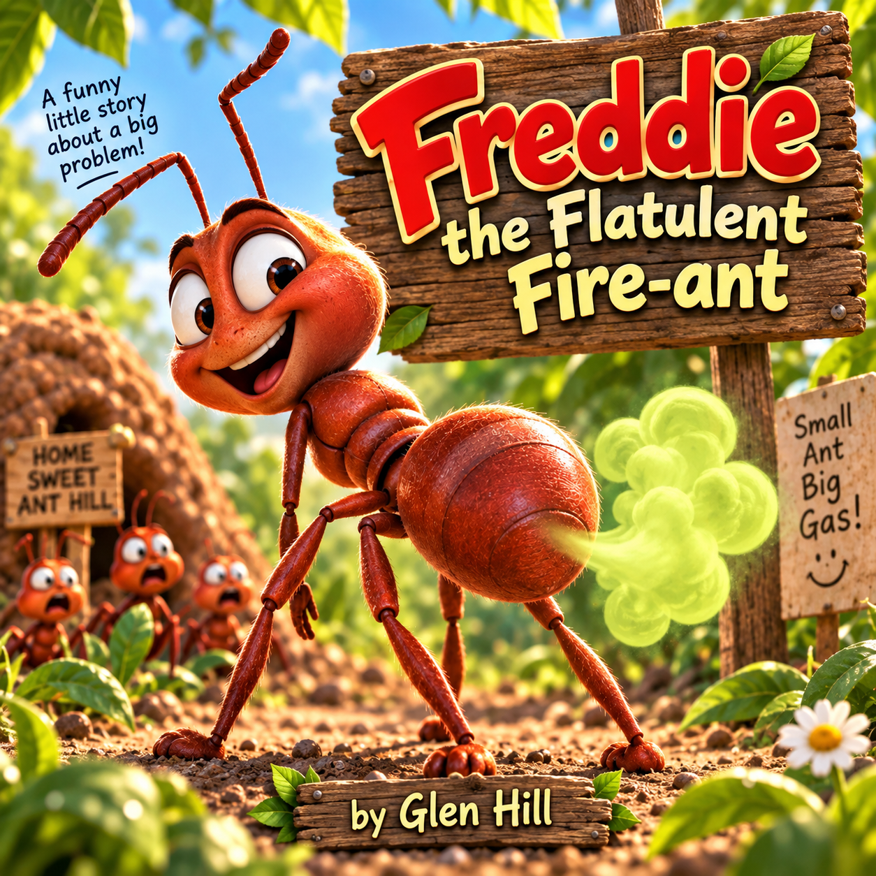 Colorful animated book cover titled 'Freddie the Flatulant Fire-ant' showing a smiling fire ant emitting green gas, with smaller ants in the background on a farm or garden setting, and wooden signs with playful text.