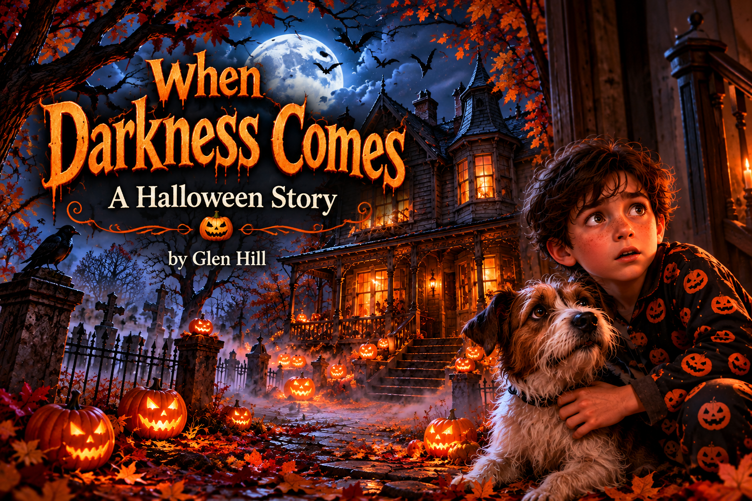 A haunted house decorated for Halloween with glowing pumpkin lanterns, a boy and a dog sitting on the porch, autumn leaves, a full moon, bats flying, and a dark sky, with the title 'When Darkness Comes: A Halloween Story' by Glen Hill.