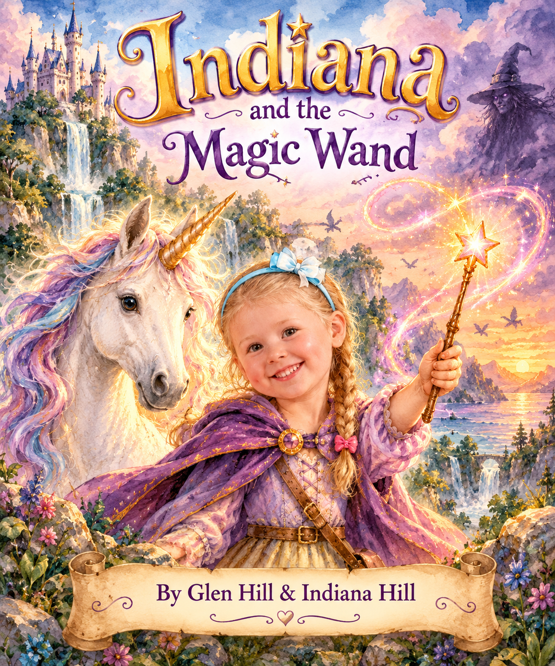 Children's book cover titled 'Indiana and the Magic Wand' with a young girl dressed as a fairy sorcerer, accompanied by a unicorn, set in a fantasy landscape with waterfalls, a castle, and a mystical sky with a witch figure, written by Glen Hill and 