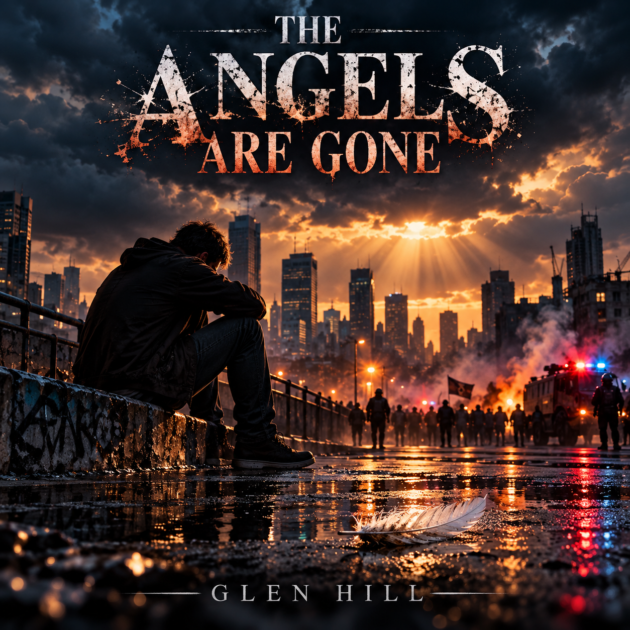 A young man sitting alone on a wet city street curb during sunset, with a city skyline in the background. The sky is dark with clouds and the sun's rays are breaking through. There are police officers and a police vehicle with flashing lights in the 