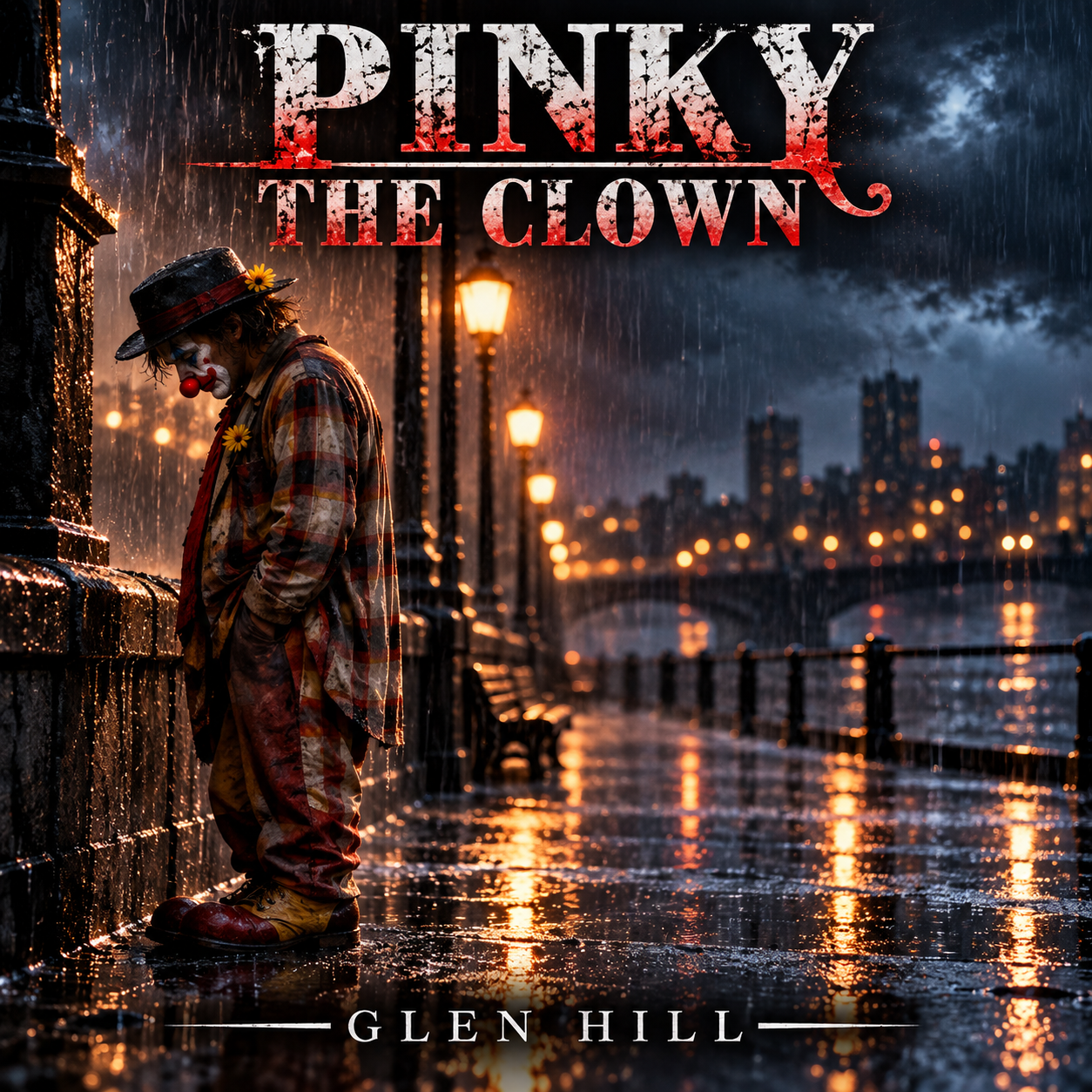 A clown dressed in colorful, patched clothing stands alone on a rainy riverside promenade at night, with city lights and a bridge in the background.