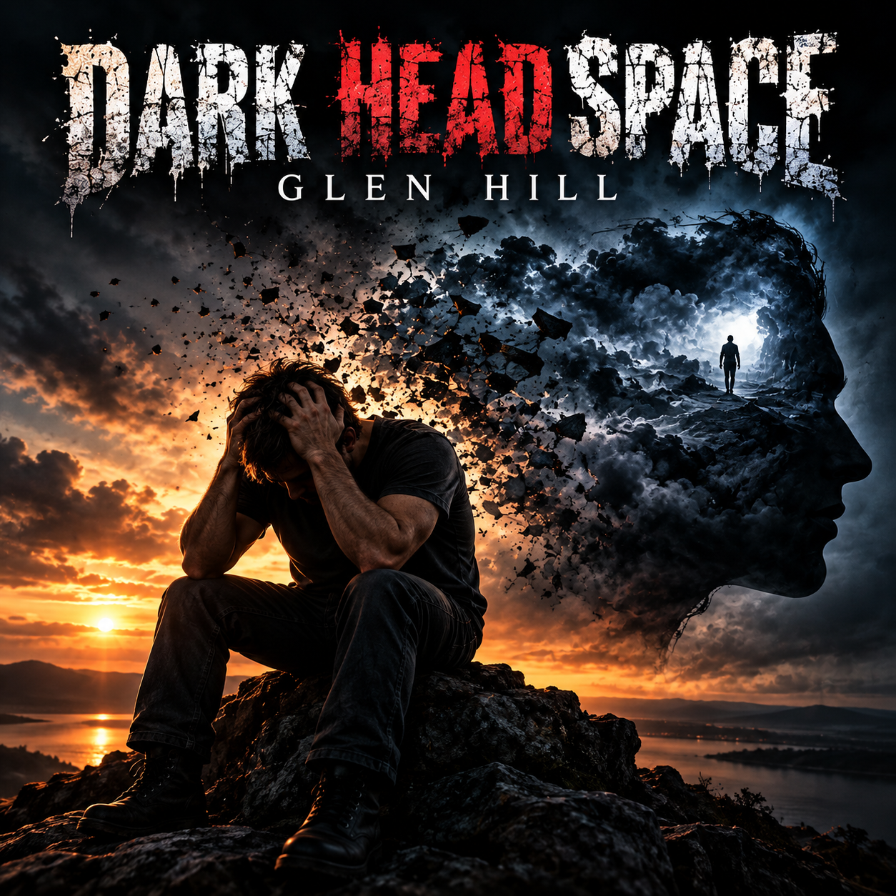 A man sitting on rocks with his head in his hands during a sunset, overlaid with a surreal, fractured head silhouette that contains clouds and a small figure walking inside.