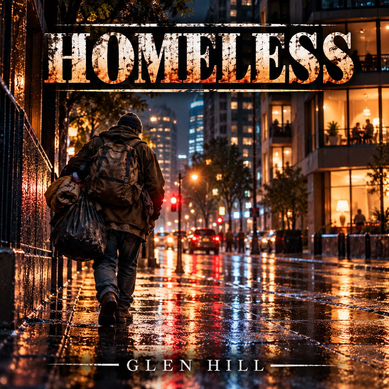 A person walking on a wet city sidewalk at night, carrying a backpack and trash bag, near tall modern apartment buildings illuminated with warm interior lights, with the word 'HOMELESS' prominently displayed at the top of the image and 'GLEN HILL' at