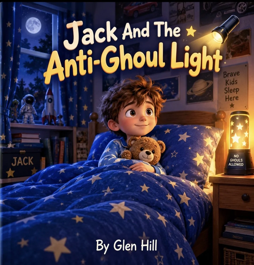 Children's book cover titled 'Jack And The Anti-Ghoul Light' by Glen Hill. Features a young boy with brown curly hair sitting in bed, holding a teddy bear, with a starry night sky visible through the window and a glowing lantern on his bedside table.