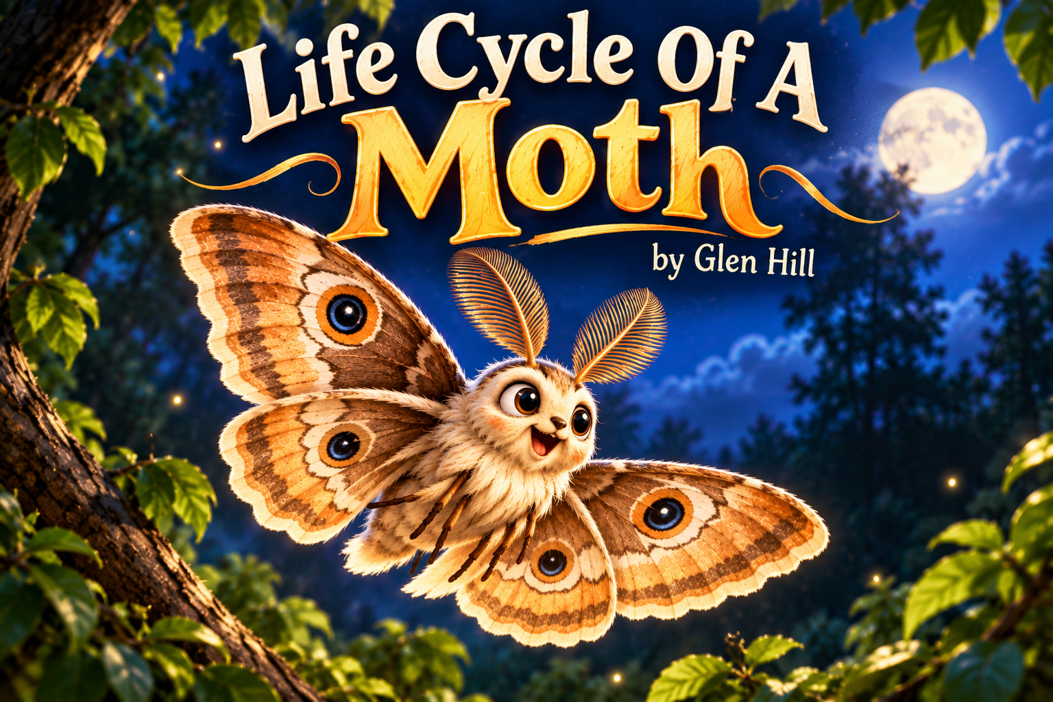 Cover of the children's book "Life Cycle of a Moth" by Glen Hill, featuring a friendly, animated moth with butterfly wings, set against a night sky with a full moon and trees.