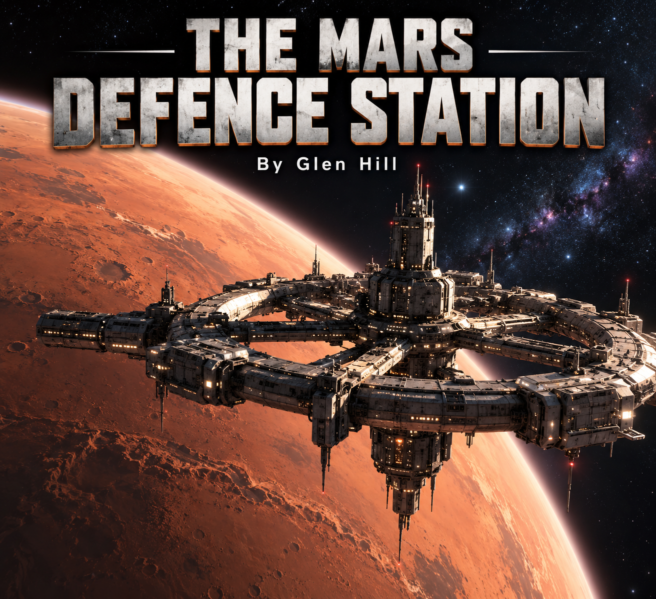 A futuristic space station orbiting Mars with the planet's surface visible below and a starry sky in the background. The image is the cover art for a book titled 'The Mars Defence Station' by Glen Hill.