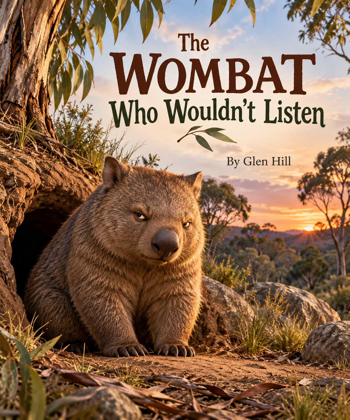 Book cover with a photograph of a wombat sitting near its burrow in a natural landscape at sunset. Title text reads 'The Wombat Who Wouldn't Listen' and author Glen Hill is listed.