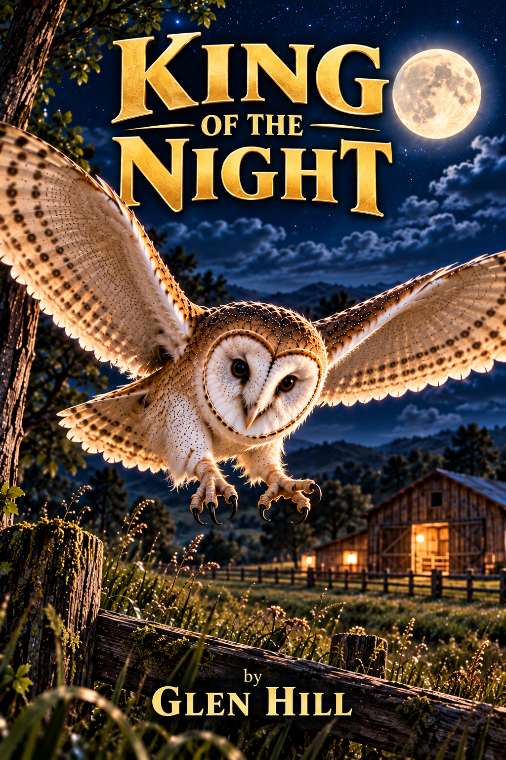 Book cover for 'King of the Night' by Glen Hill. Features a glowing moon, a star-filled night sky, a barn, a wooden fence, trees, and a realistic barn owl with outstretched wings flying toward the viewer.