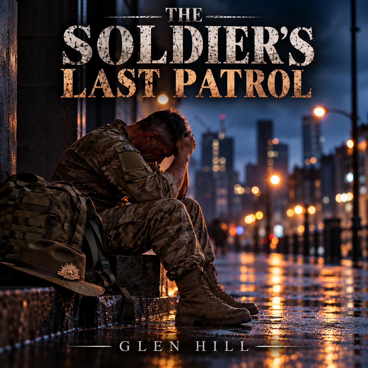 A soldier in camouflage fatigues sits against a city street curb at night with his head in his hands in a moment of distress. A military helmet and backpack rest nearby. The city skyline with glowing streetlights reflects off the wet pavement.