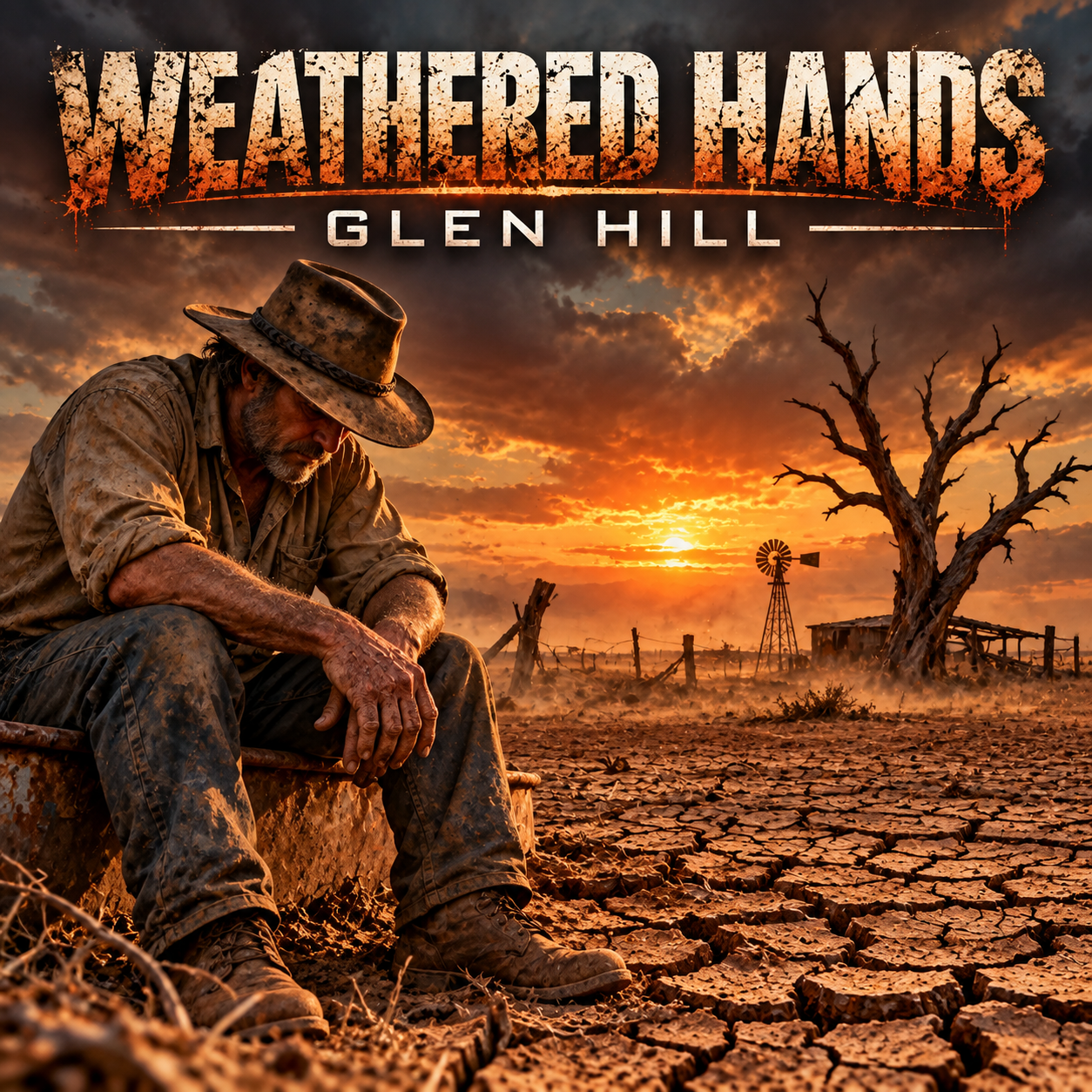 A man wearing a cowboy hat and dirty clothes sitting on a wooden box in a cracked, dry desert landscape at sunset, with a leafless tree, windmill, and fence in the background.