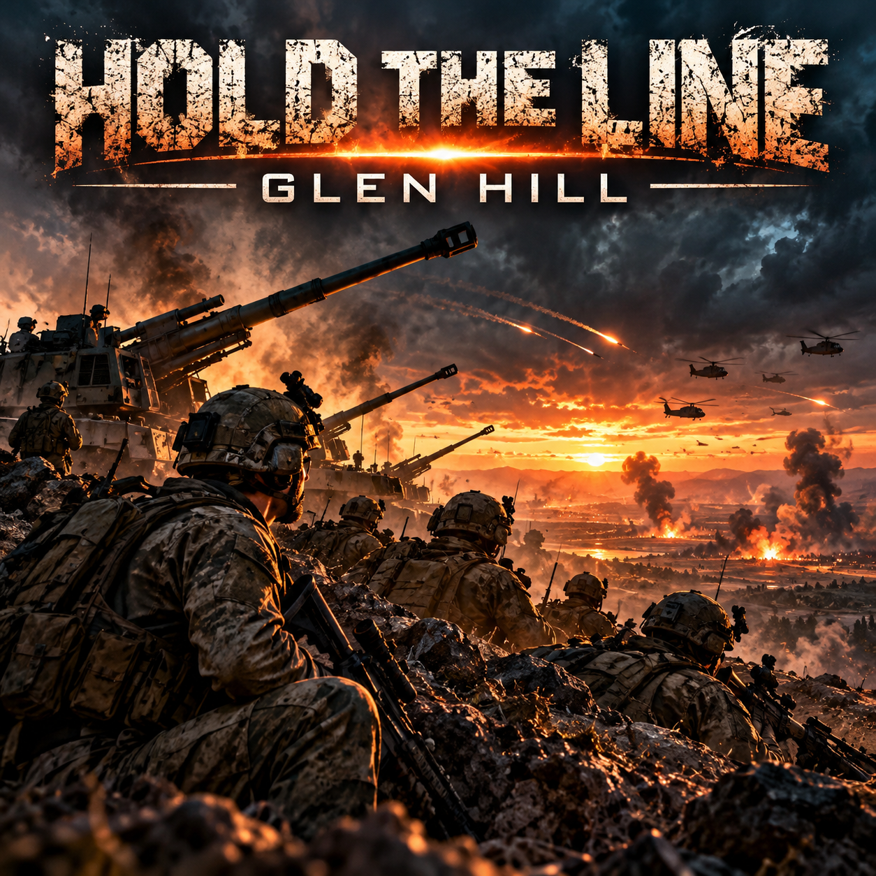 Military soldiers in camouflage gear in a battlefield at sunset, with tanks, helicopters and smoke in the background, and a large title text 'Hold the Line Glen Hill' at the top.
