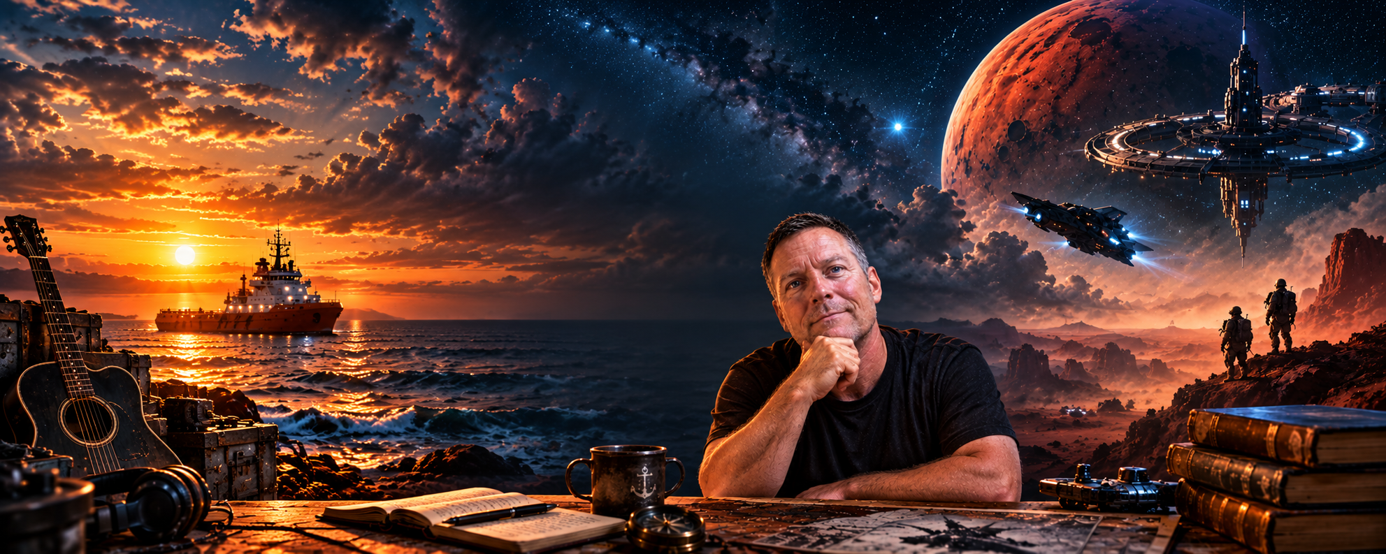 A man sitting at a desk with a coffee mug, books, and open notebook, with a sunset over the ocean, a spaceship and a planet in outer space, and astronauts exploring alien terrain in the background.