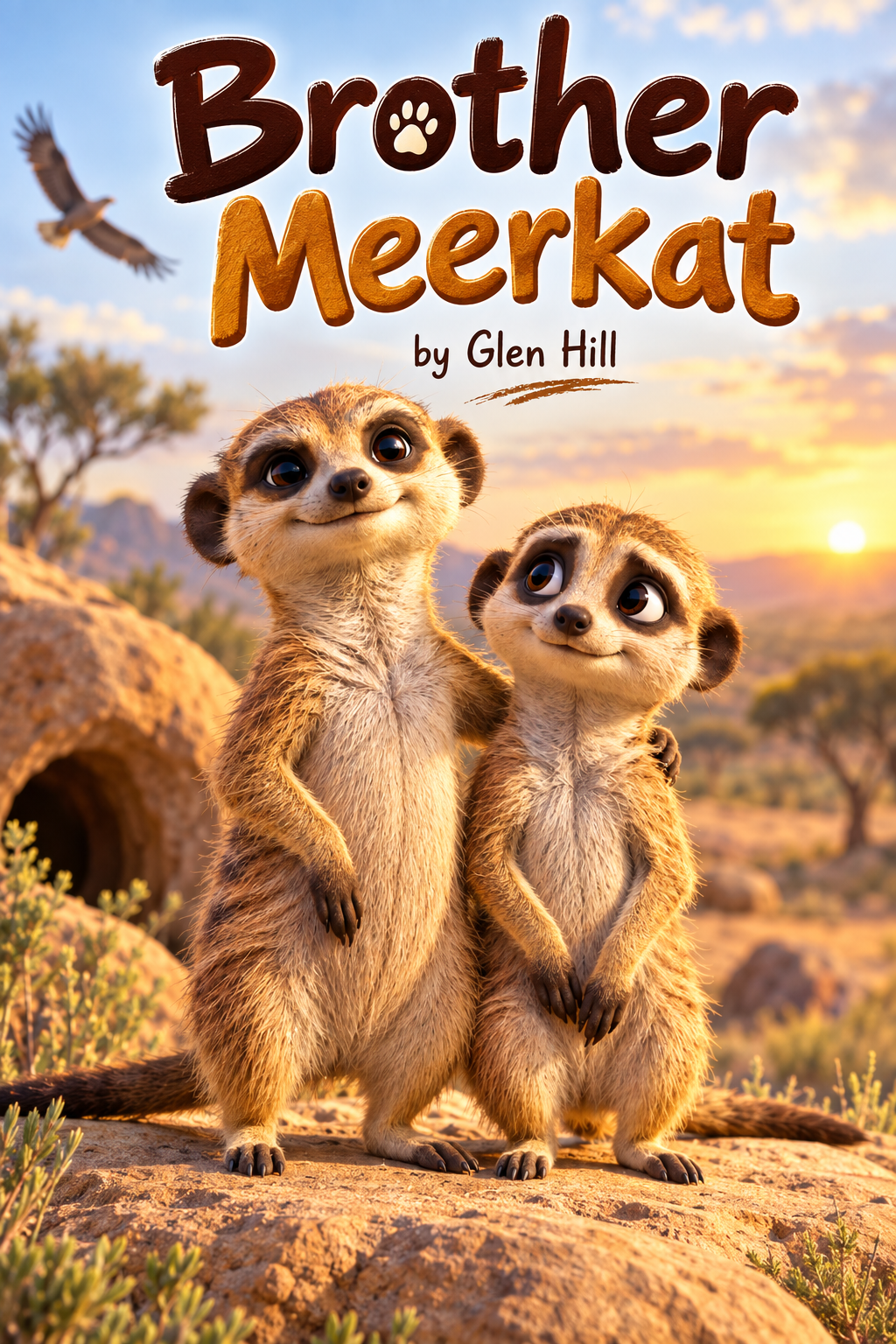 Two animated meerkats standing on a rock with a desert landscape, trees, and mountains in the background during sunset. One meerkat is slightly taller, both looking upward with curious expressions.