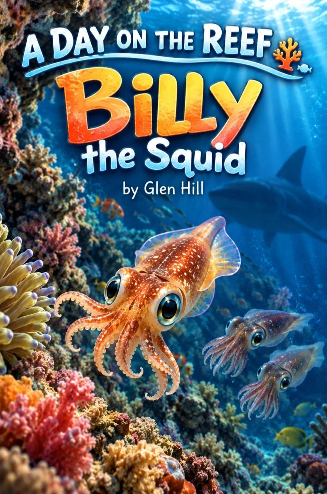 Book cover titled "A Day on the Reef with Billy the Squid" by Glen Hill, featuring colorful coral reef underwater scene with two cute squid, colorful coral, and fish, with sunlight rays filtering through the water.