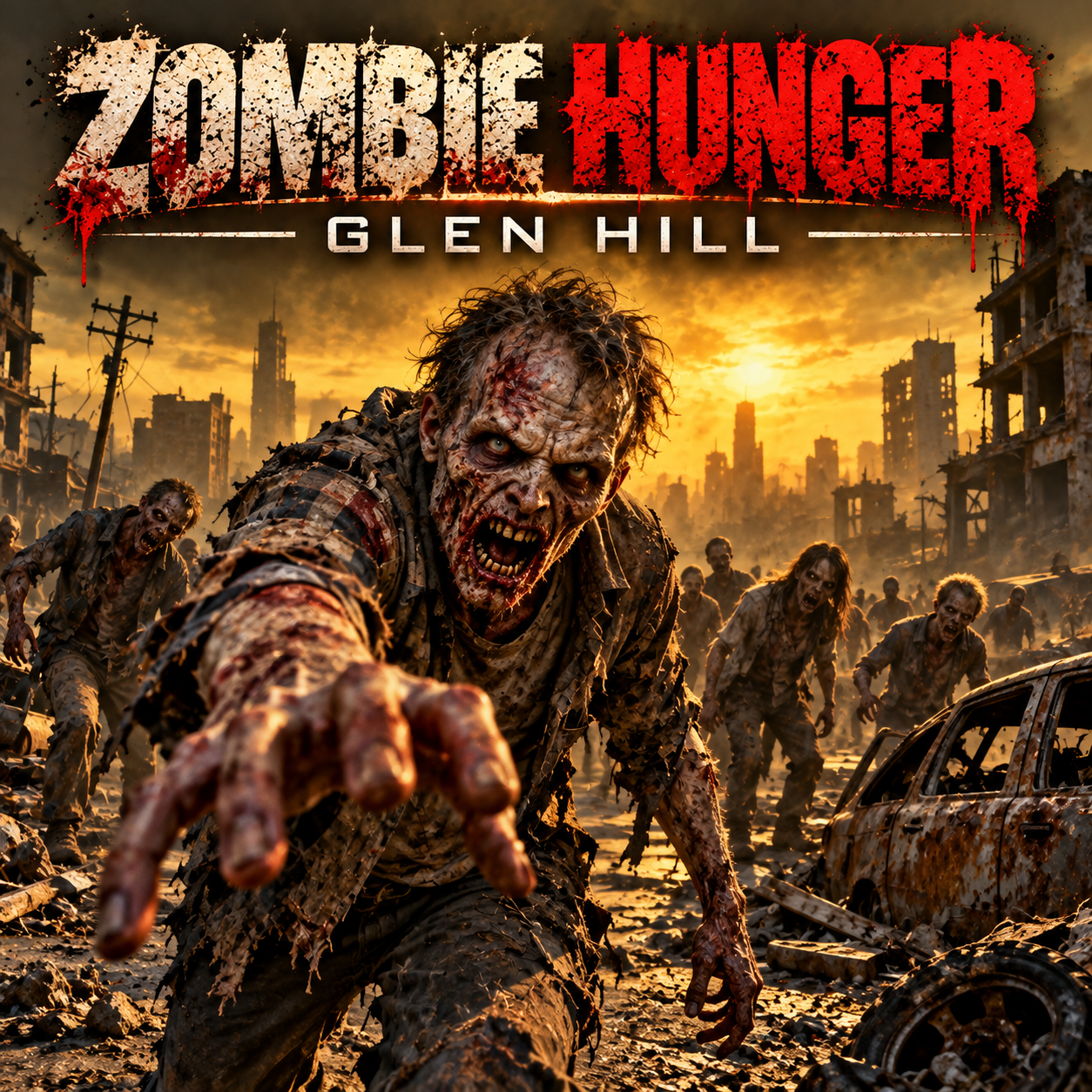 Zombies in a post-apocalyptic city with destroyed buildings and abandoned cars during sunset.