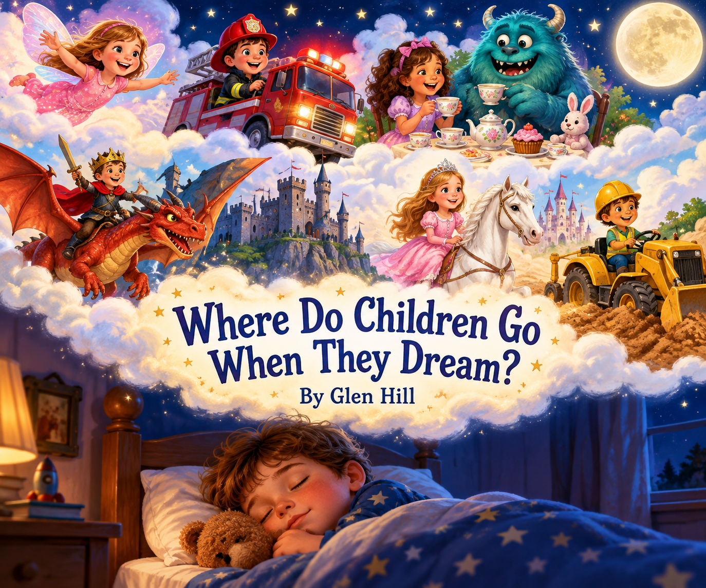 A children's book cover titled "Where Do Children Go When They Dream?" by Glen Hill. The cover features a colorful fantasy scene with children, a fairy, a firefighter on a fire truck, a girl riding a white horse, a boy on a bulldozer, a dragon, a smi