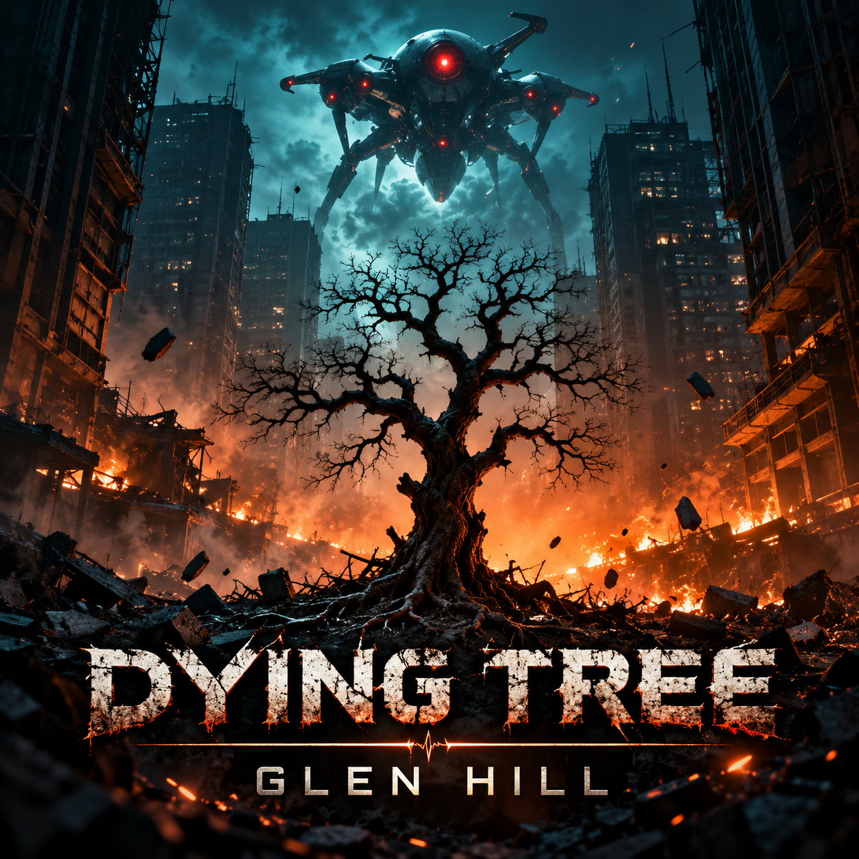 A futuristic scene of a destroyed city with a withered tree in the foreground, burning buildings, and a large flying robot above, with the title 'Dying Tree' by Glen Hill