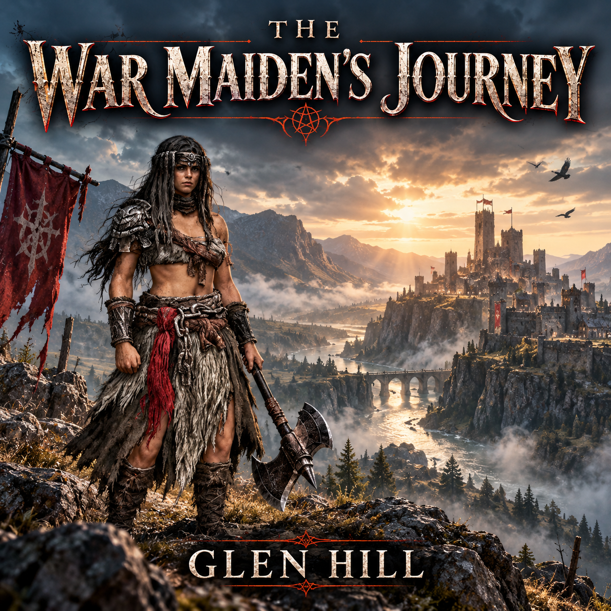 A fantasy book cover titled 'The War Maiden's Journey' by Glen Hill shows a fierce warrior woman in medieval armor and fur clothing, standing on a rocky hill with a battle axe. Behind her, a medieval castle is set against a dramatic sunset sky with m