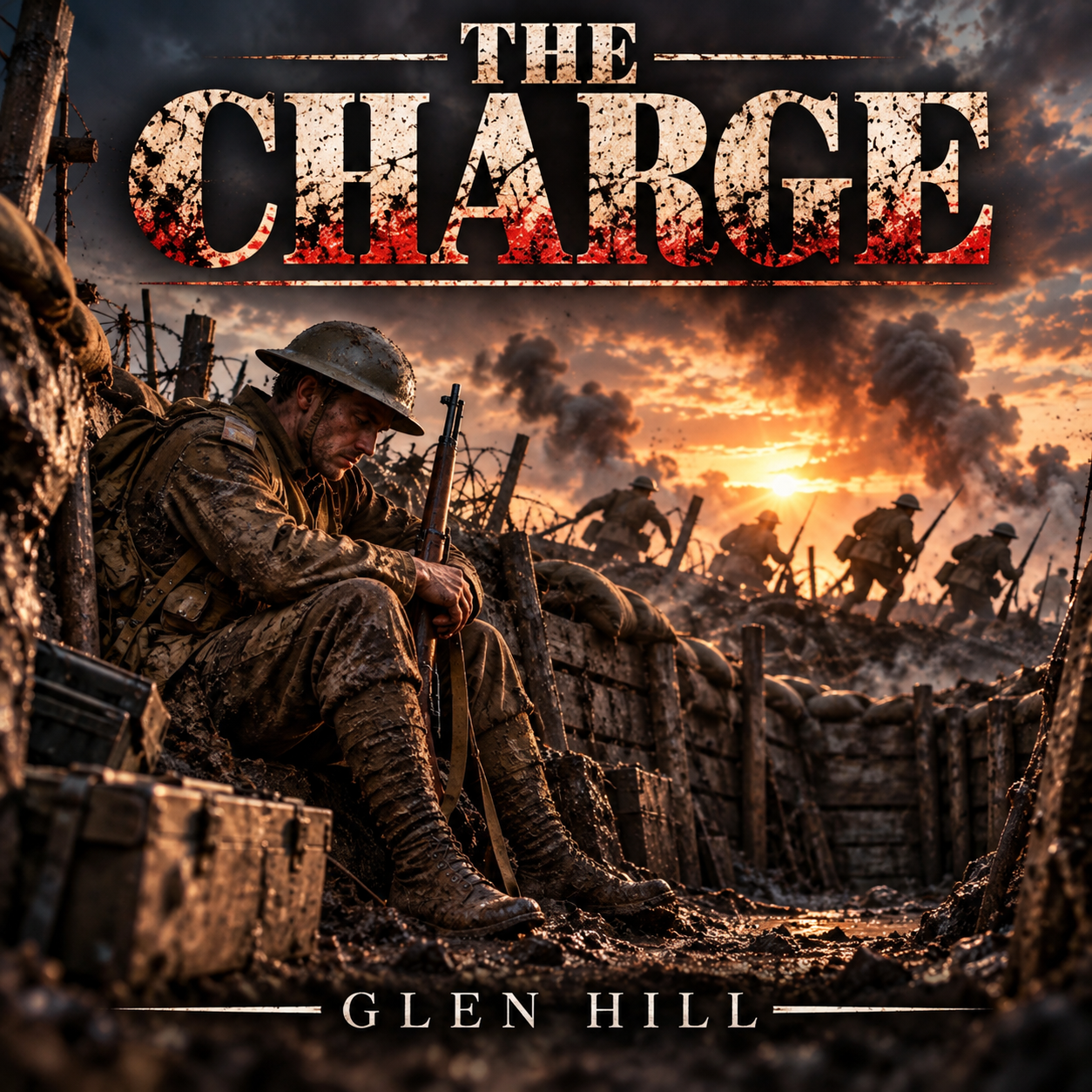 A group of soldiers in muddy uniforms and helmets sitting and moving through a trench during sunset, with smoke and explosions in the background, on the cover of a book titled 'The Charge' by Glen Hill.
