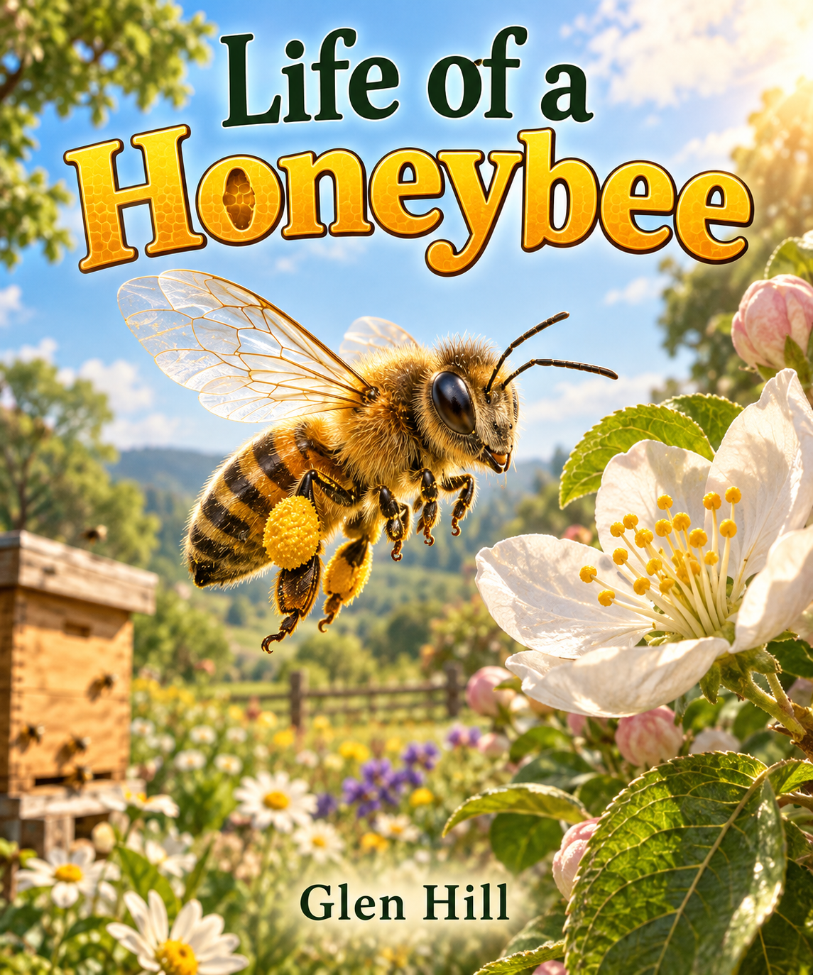 Book cover titled 'Life of a Honeybee' by Glen Hill with a close-up of a honeybee flying near white and pink flowers in a garden with a blue sky.