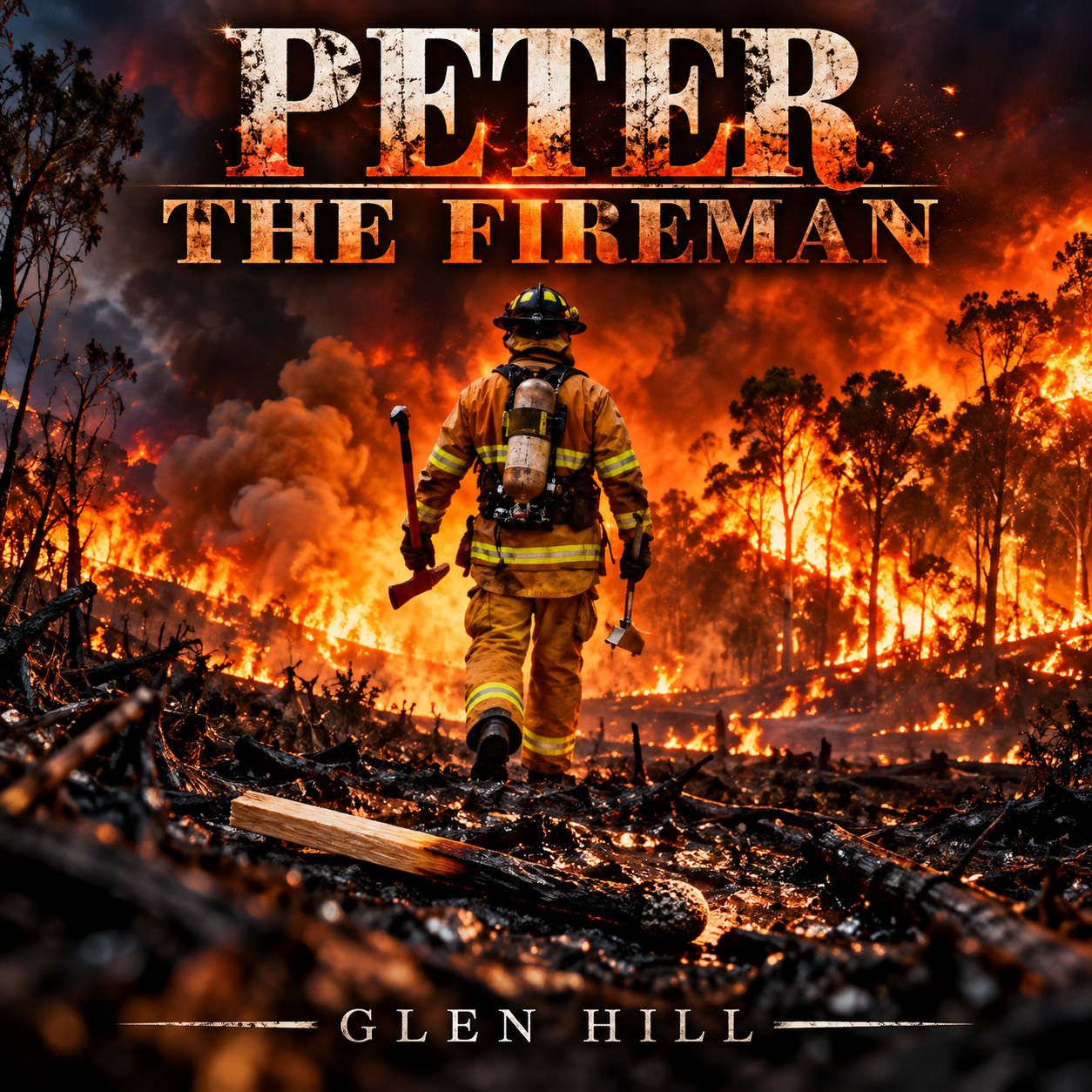 A firefighter in gear walking through a forest fire with flames and smoke in the background, and the title 'PETER THE FIREFIGHTER' overlaid.