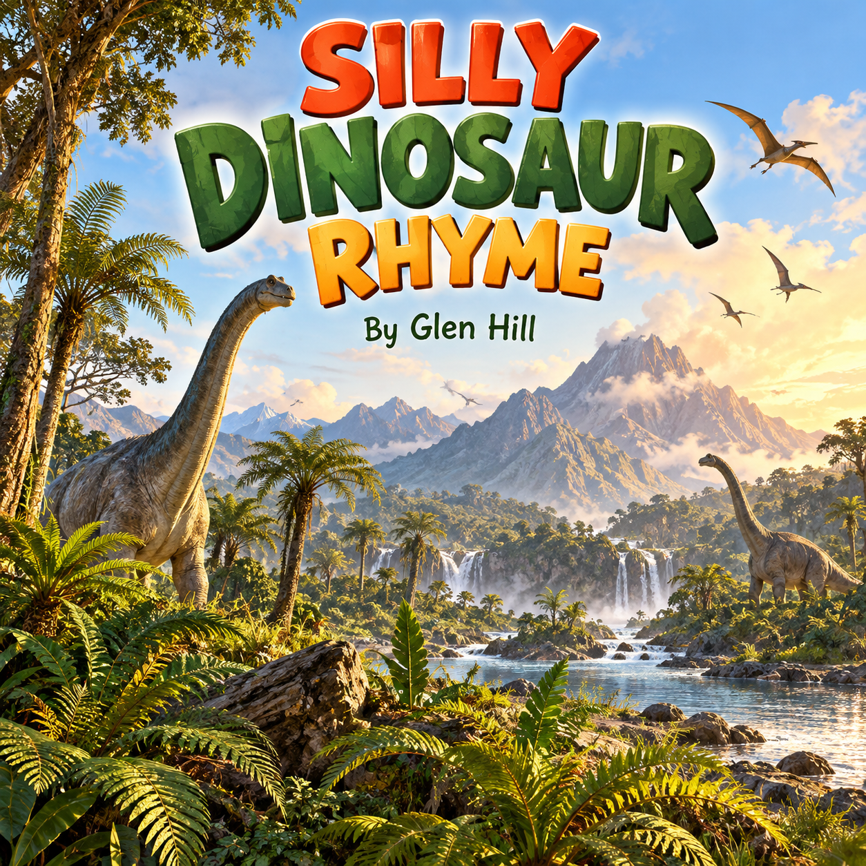 Children's book cover titled "Silly Dinosaur Rhyme" by Glen Hill, featuring a prehistoric landscape with two dinosaurs, lush green plants, a river, waterfalls, mountains, and flying pterodactyls.