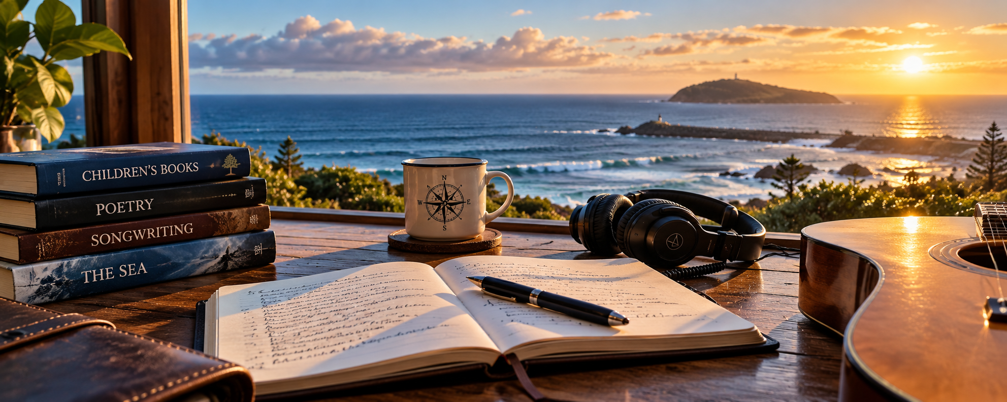 A wooden table overlooking the ocean at sunset, with a stack of books titled 'Children's Books,' 'Poetry,' 'Songwriting,' and 'The Sea,' an open journal with a pen, a pair of over-ear headphones, a mug with a compass design, an acoustic guitar, and a potted plant in the background.