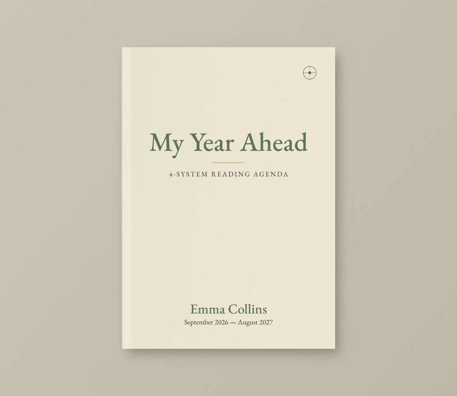 Cream hardcover agenda titled My Year Ahead, 4-System Reading Agenda, with a sample name and the dates September 2026 to August 2027