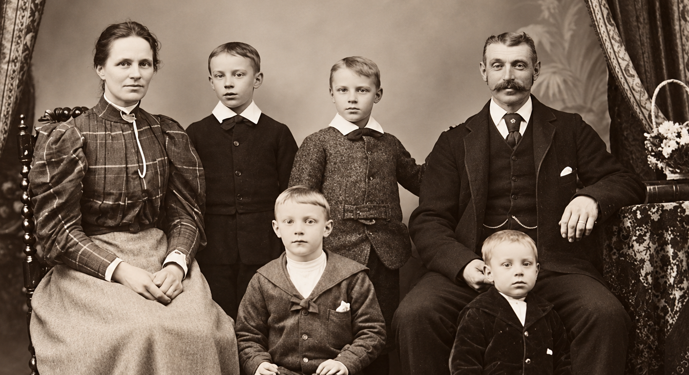 A black and white family portrait of a woman, three boys, and a man with a mustache, dressed in vintage clothing, seated and standing in front of a decorated backdrop.