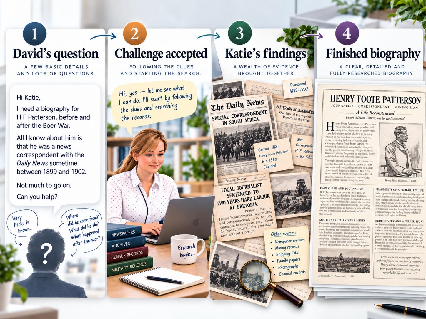 Kin Tracer research process showing David's question about H. F. Patterson, the research stage, historical findings and the finished biography.