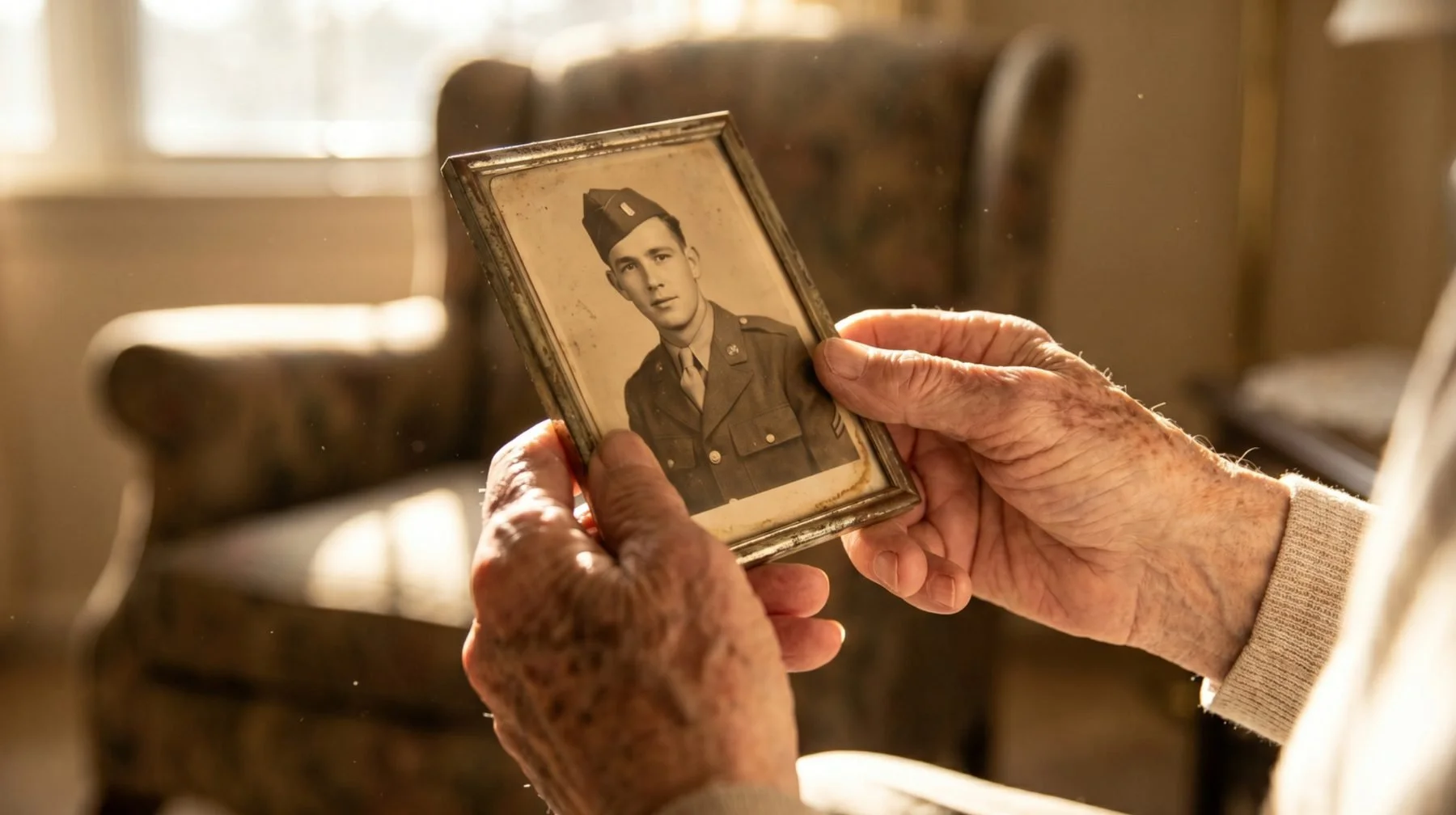 An elderly person holding an old black-and-white photograph of a young man in a military uniform.