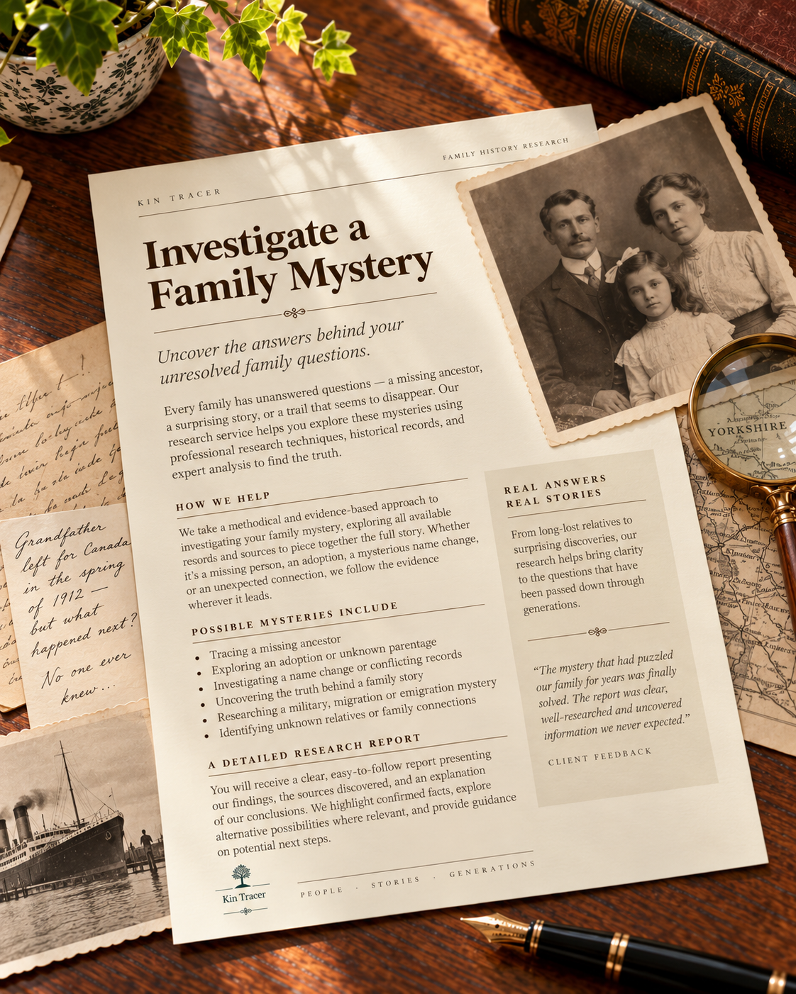 A paper titled 'Investigate a Family Mystery' with a vintage family photograph of a man and two young girls, a magnifying glass, a map, an antique pen, and handwritten notes on a wooden surface.