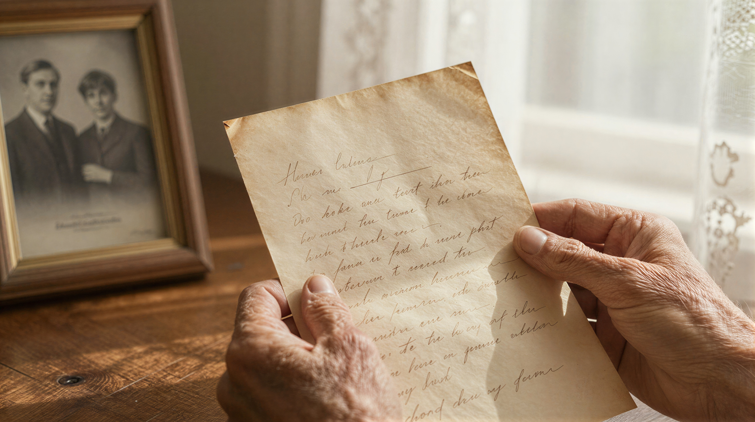 Hands holding an old family letter beside a framed photograph, representing the family stories and historical clues explored through Kin Tracer research.