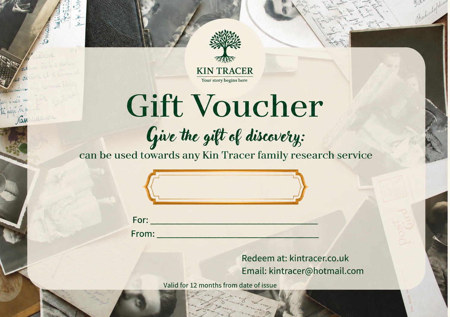 Kin Tracer gift voucher for family-history research, personalised for the recipient and valid for 12 months.