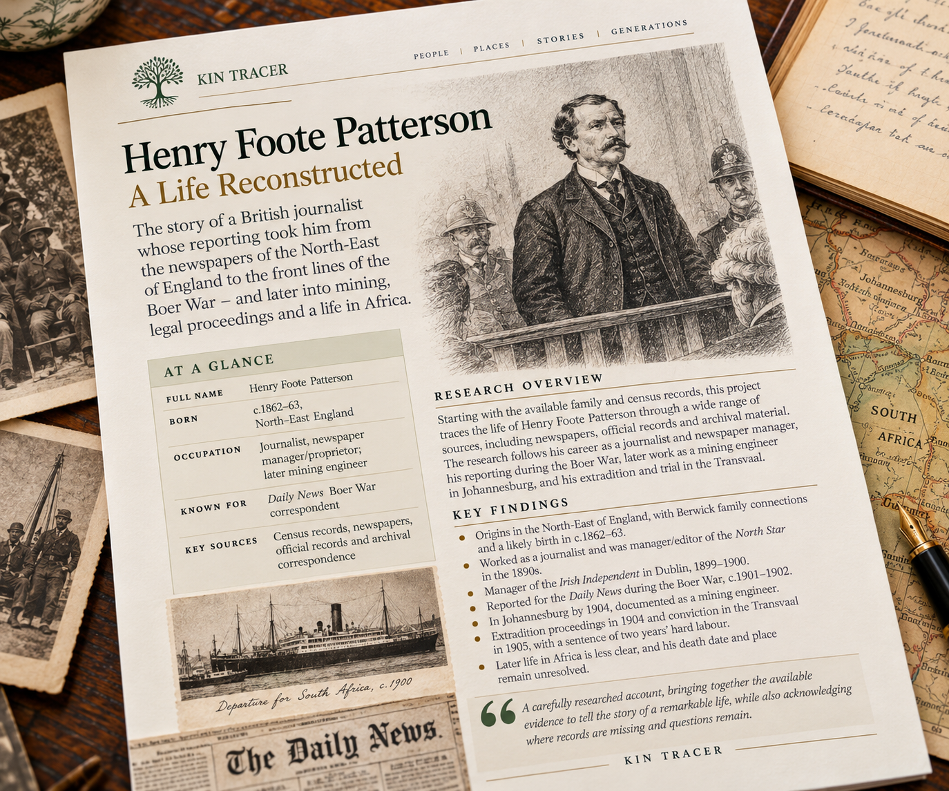 Kin Tracer research report reconstructing the life of journalist Henry Foote Patterson, featuring historical records, an illustrated portrait and evidence from his life and career.
