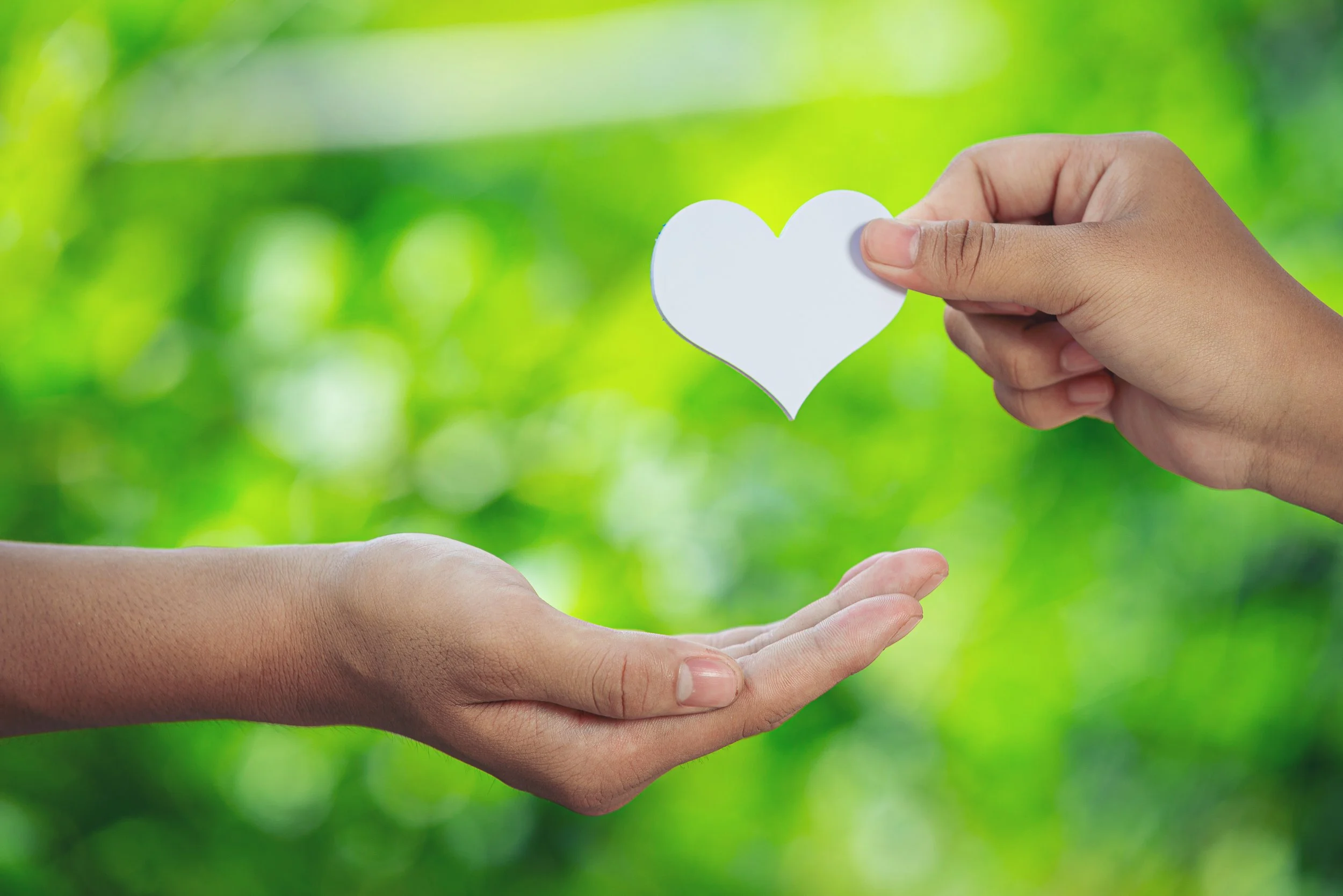 Hands exchanging a white paper heart, symbolizing care and support.