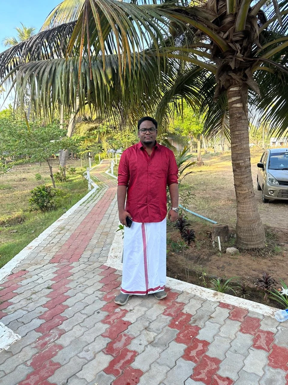 Man standing on a pathway under a palm tree.