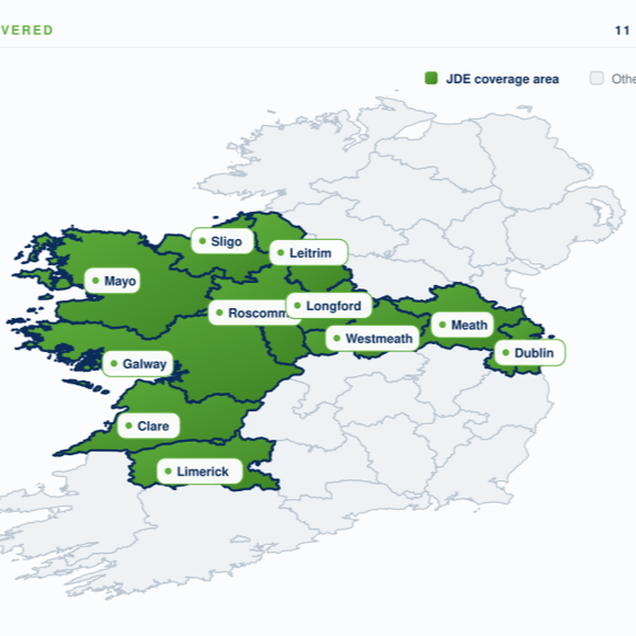 Map of Ireland showing cities with JDE coverage area highlighted in green, including Mayo, Galway, Clare, Limerick, Sligo, Leitrim, Roscommon, Longford, Westmeath, Meath, Dublin.
