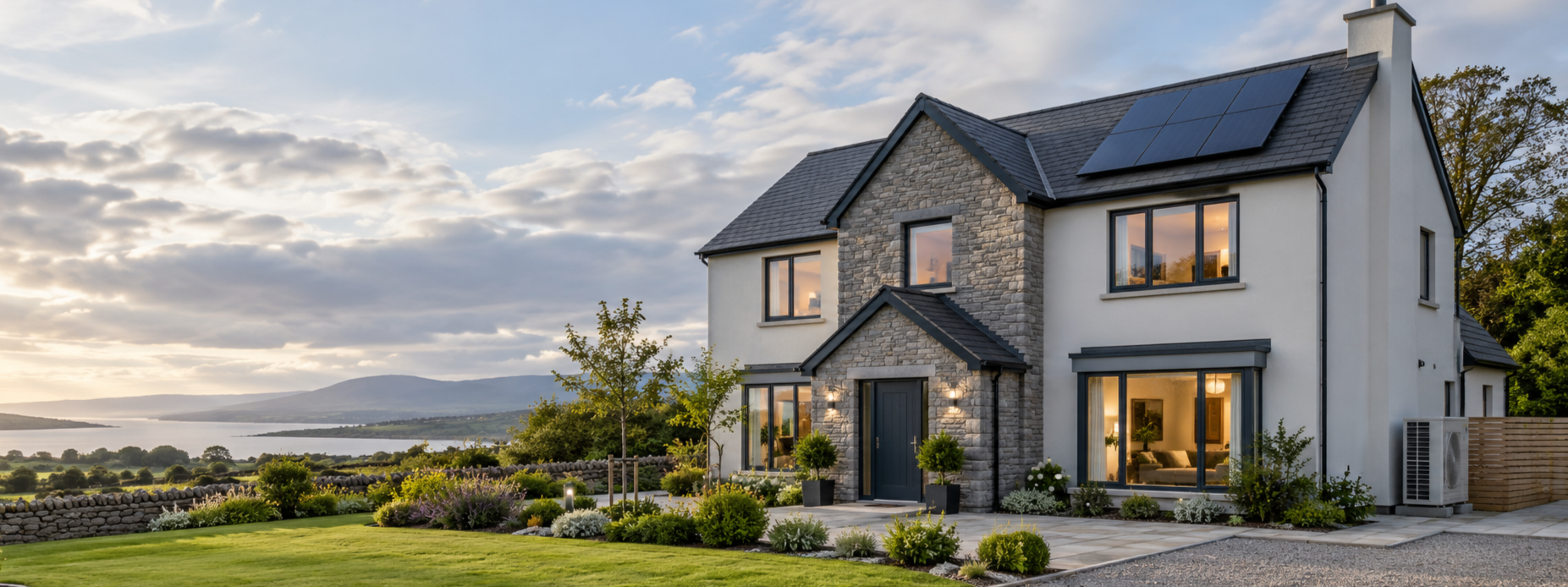 Modern two-story house with stone and white exterior, solar panels on roof, large windows showing warm interior, landscaped garden with trees and shrubs, situated near a large body of water with mountains in the background at sunset.