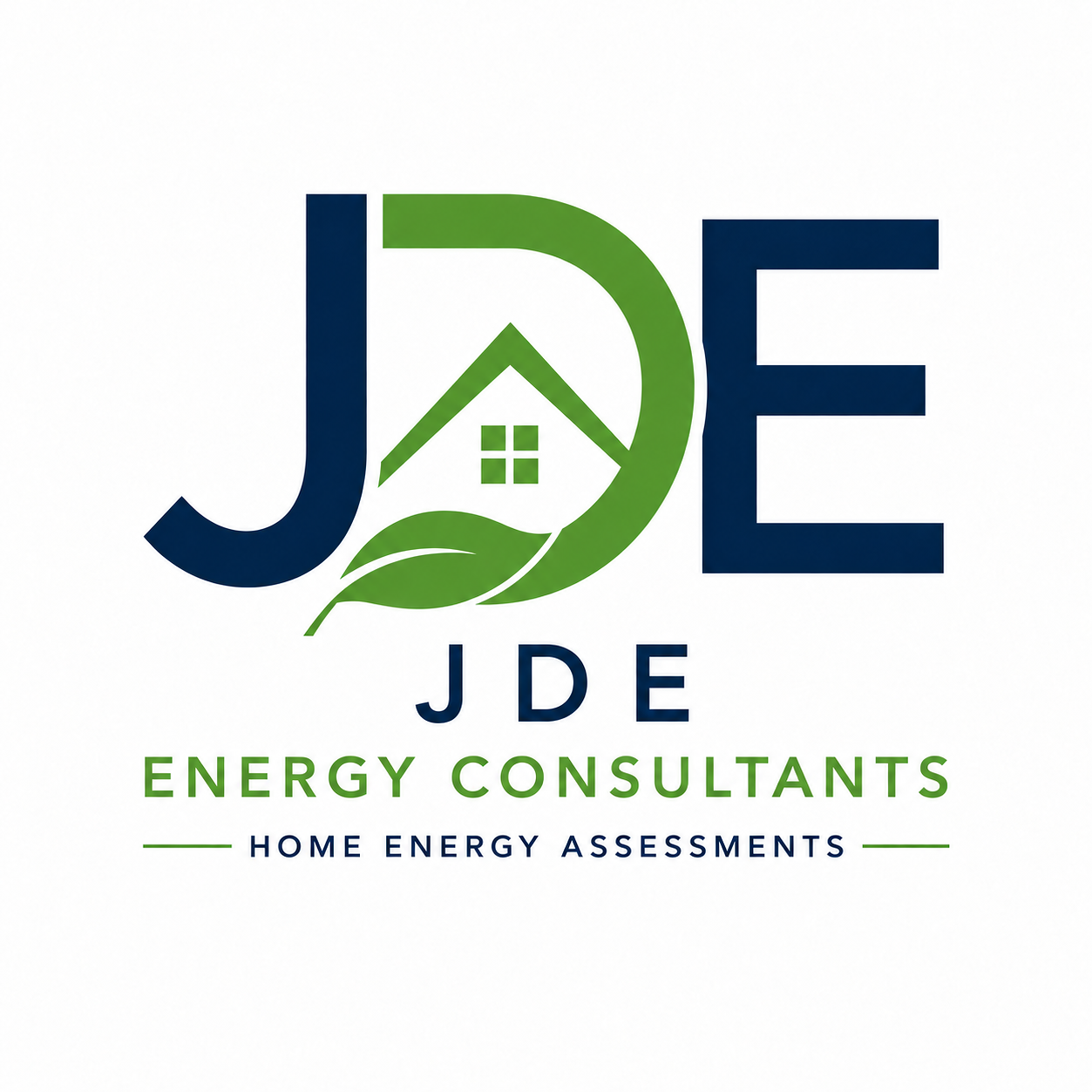 Logo for JDE Energy Consultants featuring a house inside the letter D with green leaves, and text indicating home energy assessments.