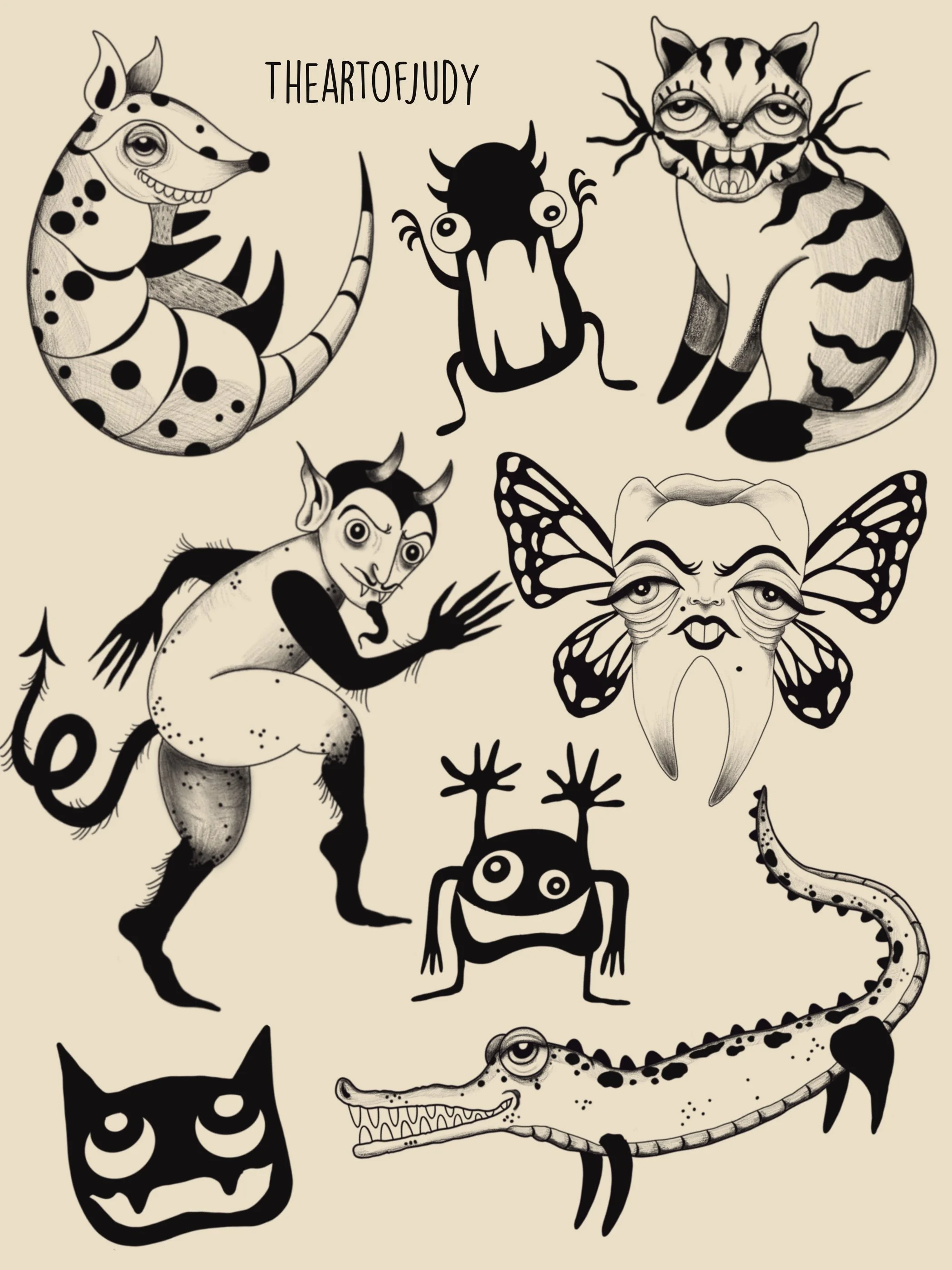 Monster · Katze · Krokodil · Schmetterling mit Gesicht · Cute Surreales Wannado Flash Sheet · Illustratives Blackwork Tattoo · The Art of Judy · Frankfurt am Main