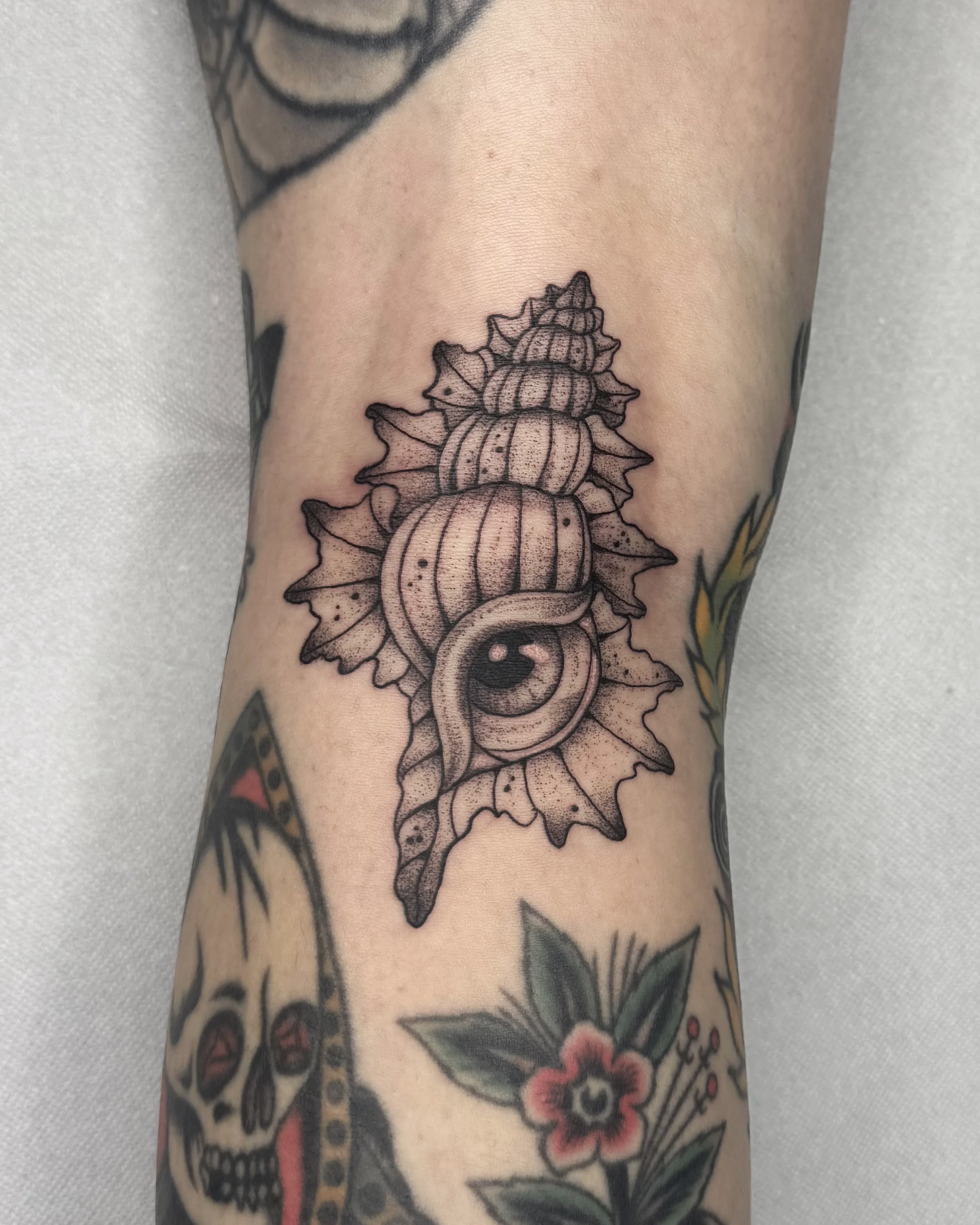 Augmuschel · Alabaster Muschel mit Auge · Illustratives Blackwork Tattoo · Signature Piece · The Art of Judy · Frankfurt am Main